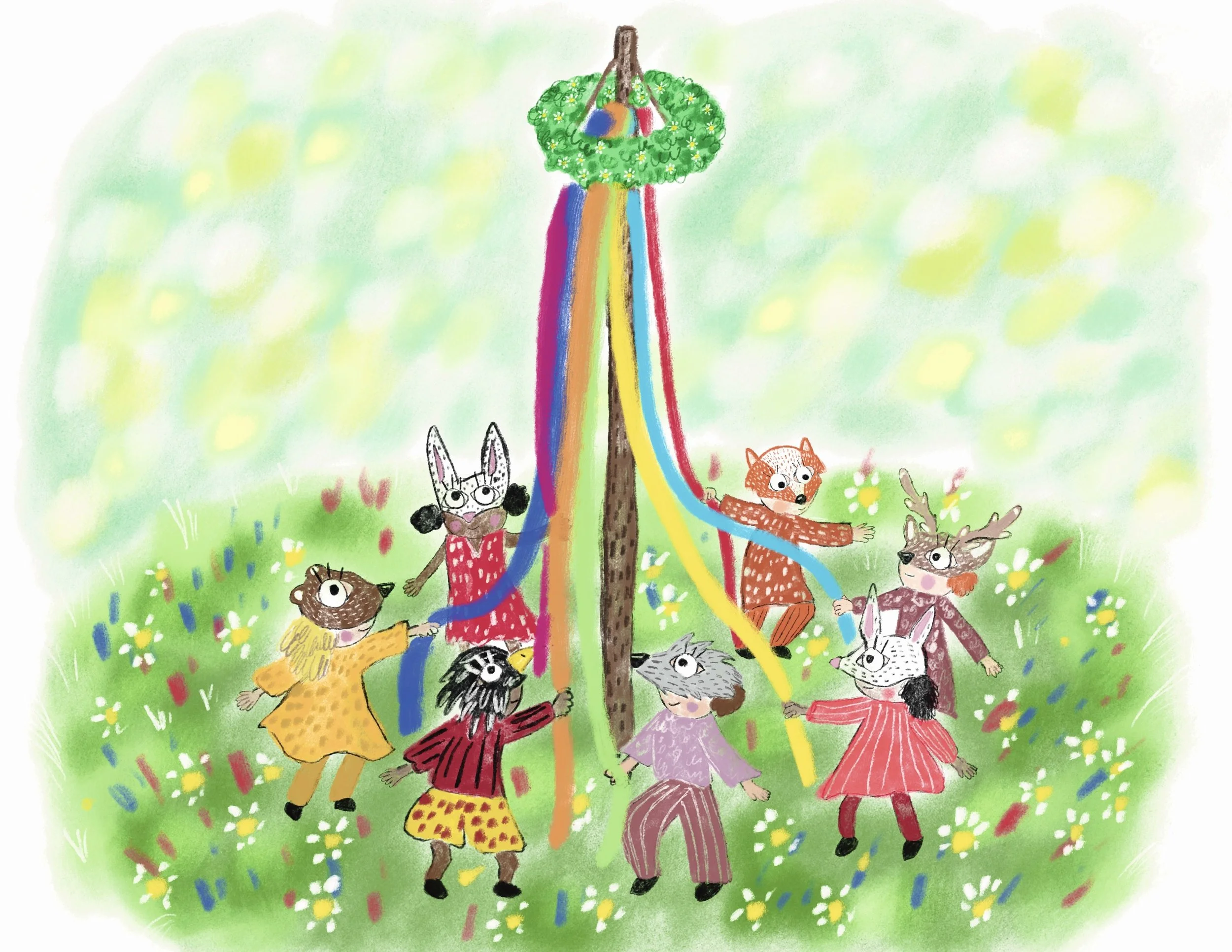 Children with animal faces playing on swings attached to a tree with a rainbow-colored rope in a grassy field with flowers.