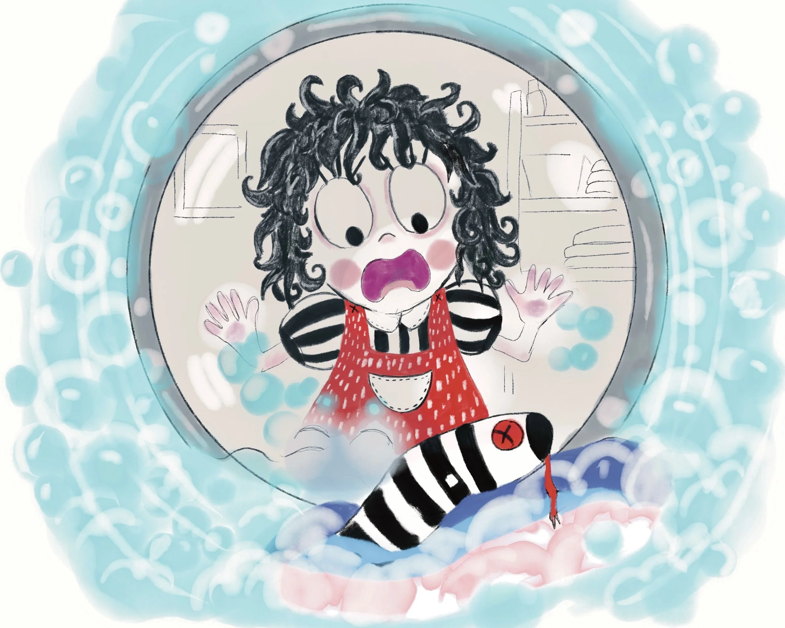 A cartoon-style drawing of a distressed girl with curly hair, wearing a red apron and striped black and white pants, looking into a washing machine filled with bubbles, with pink cheeks and an open mouth.