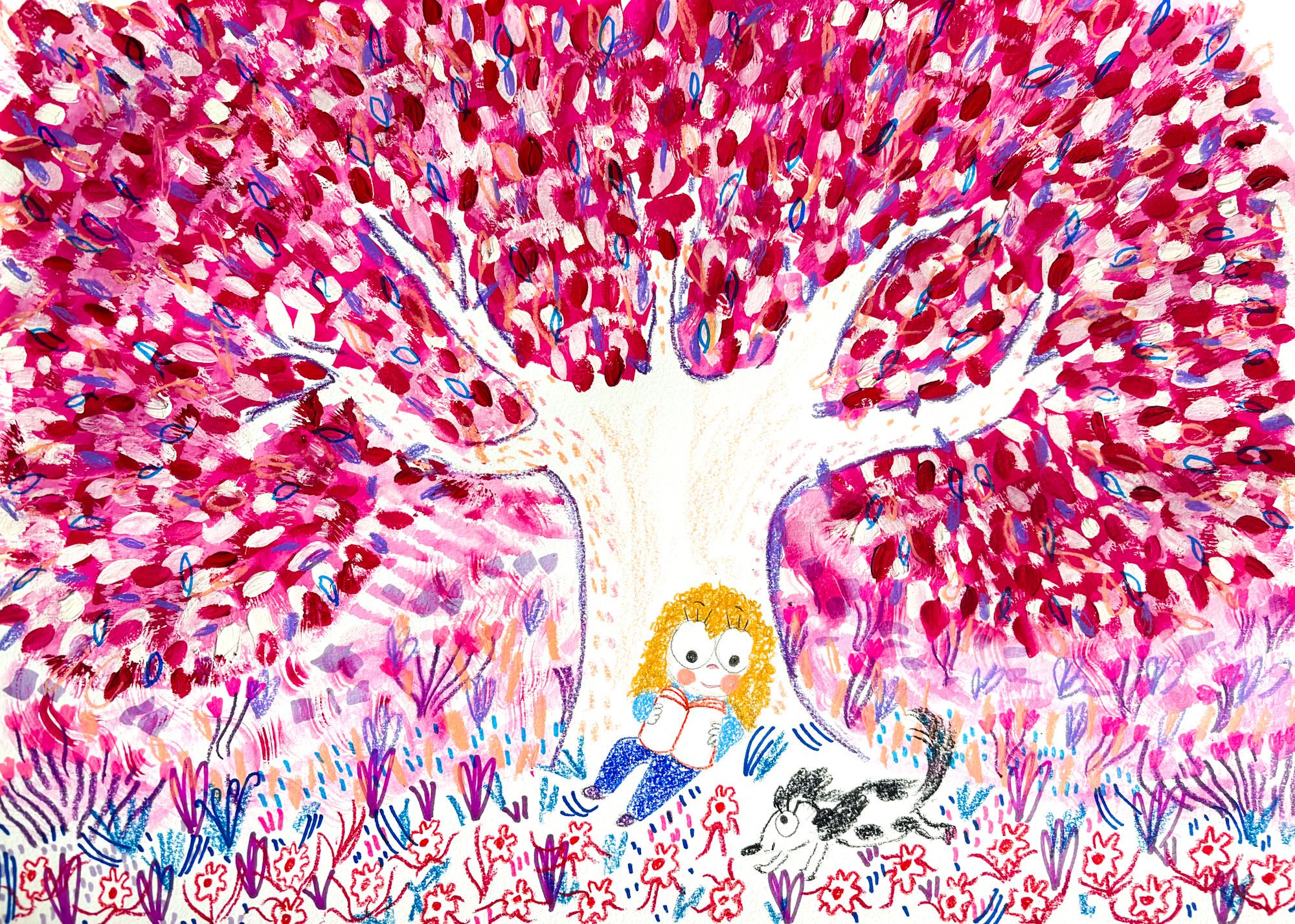 A colorful abstract painting featuring a tree with pink and red leaves, a smiling child running among flowers, and doodles of animals and hearts.