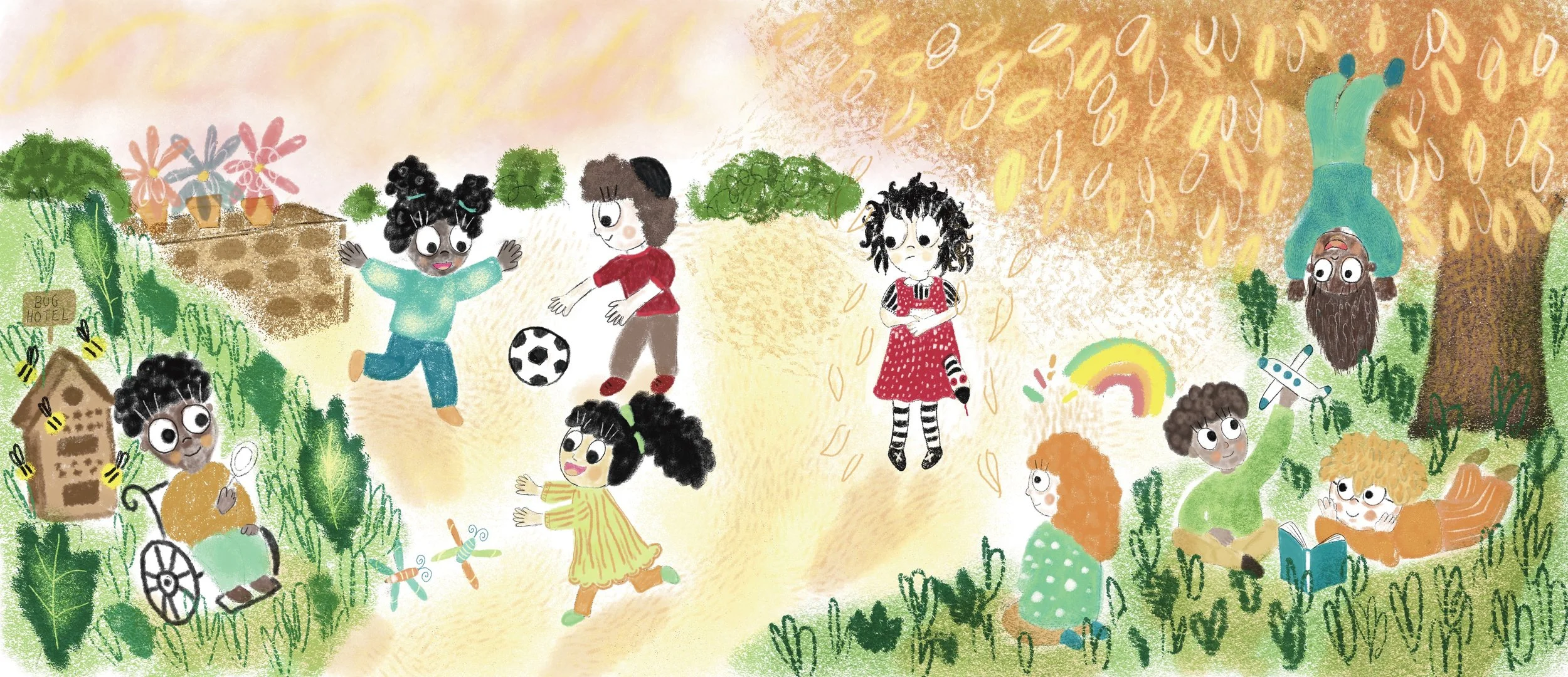 Children playing and engaging in outdoor activities in a park with trees, flowers, and a rainbow in the background. Some kids are running, playing with a soccer ball, reading, and sitting on the grass. The scene is colorful and lively.