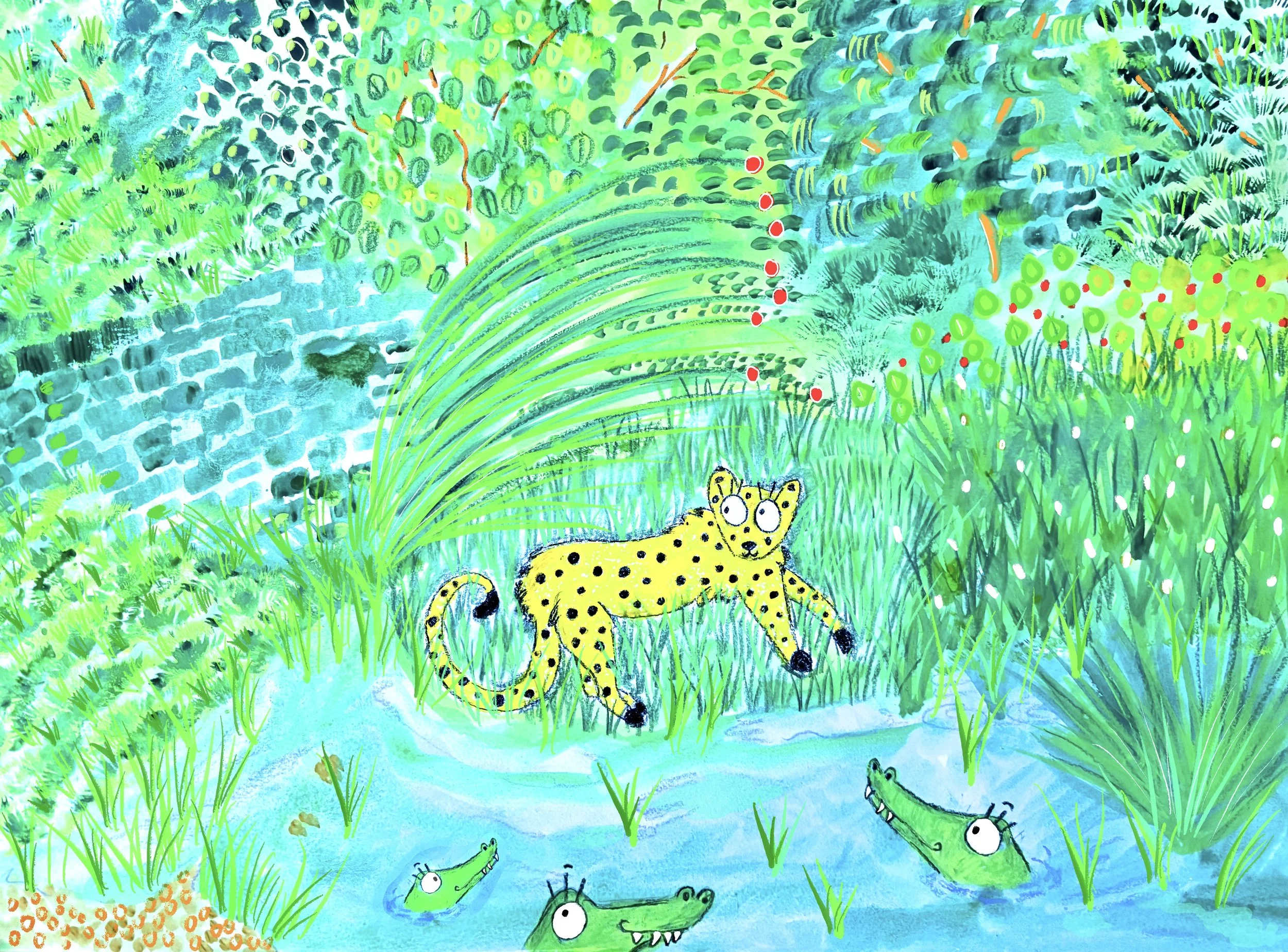 A colorful illustration of a jungle scene with green plants, a butterfly, crocodiles, frogs, and a waterfall.