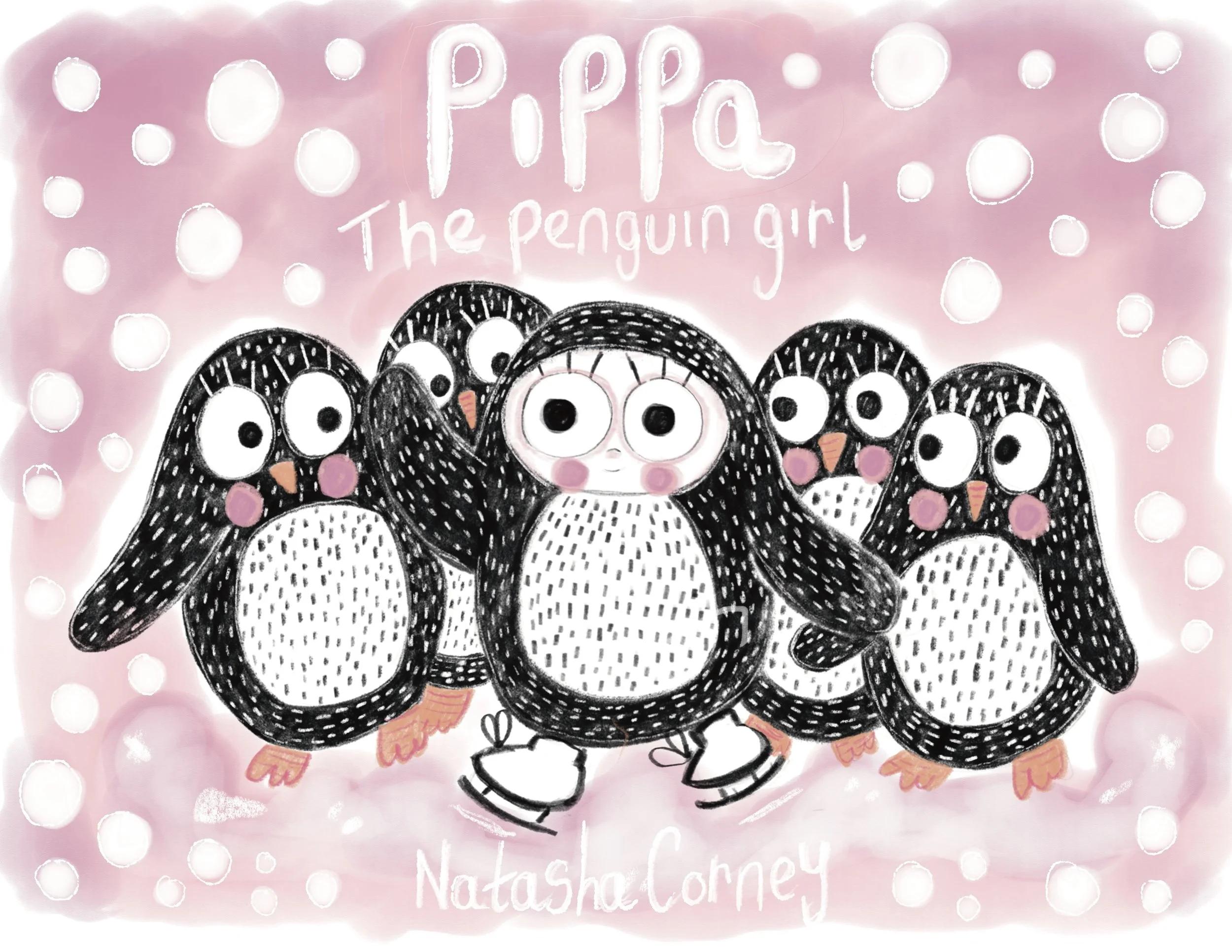 Drawn illustration of multiple cartoon penguins with big eyes, pink cheeks, and standing close together on a pink polka dot background. Text above reads 'Pippa The Penguin Girl' and the website 'natasha.com' is at the bottom.