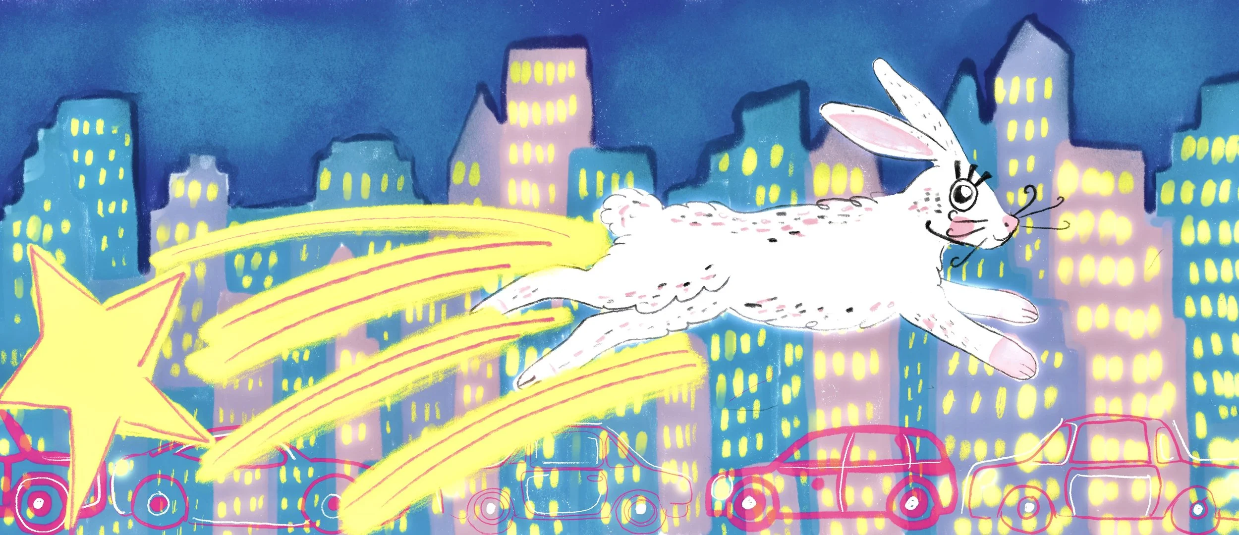 A colorful drawing of a cartoon rabbit flying in a cityscape at night, with bright buildings, cars, and neon lights, and a shooting star with a trail.