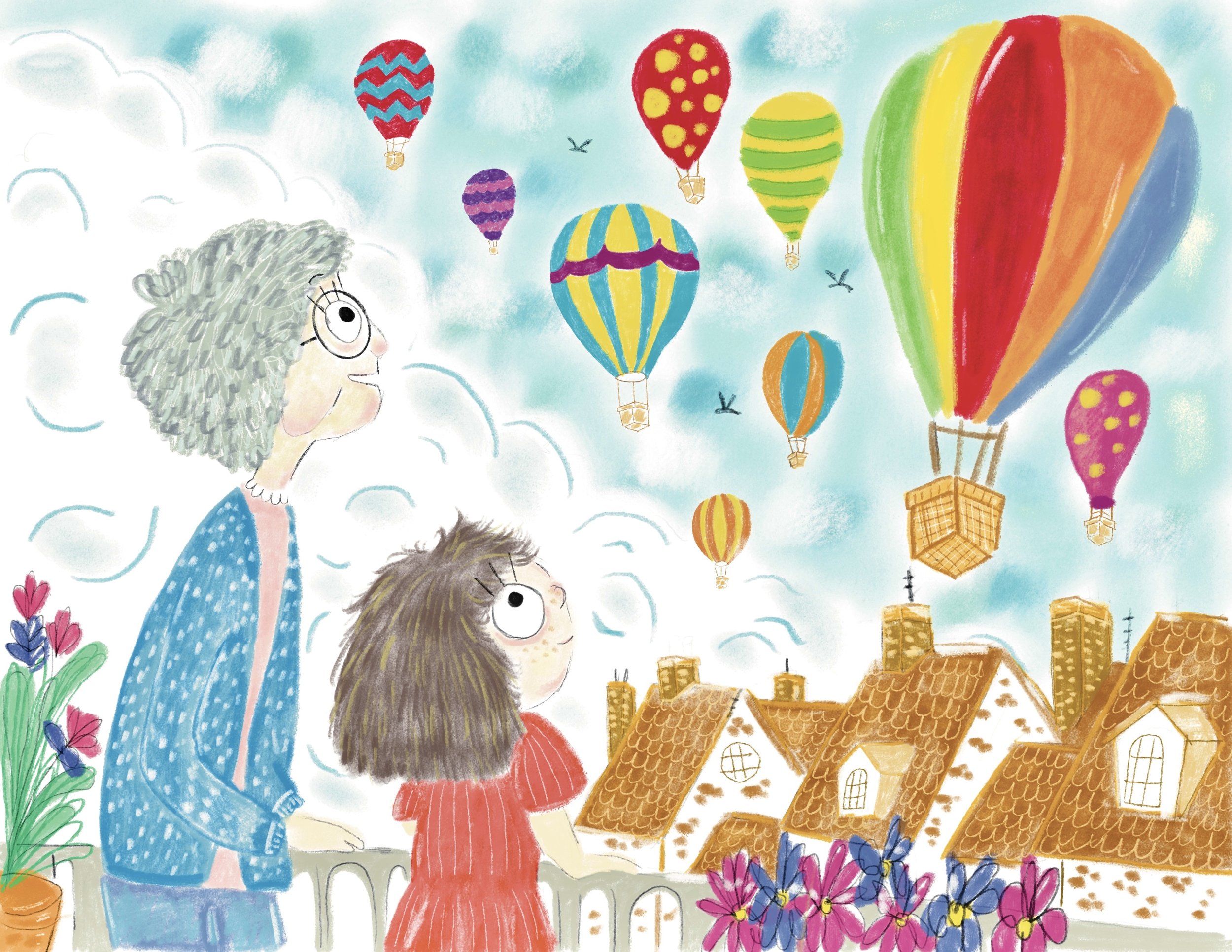 A colorful illustration of a woman with gray curly hair, wearing glasses and a blue patterned dress, looking up at floating hot air balloons in the sky. The sky is light blue with fluffy white clouds, and there are houses with brown rooftops below.