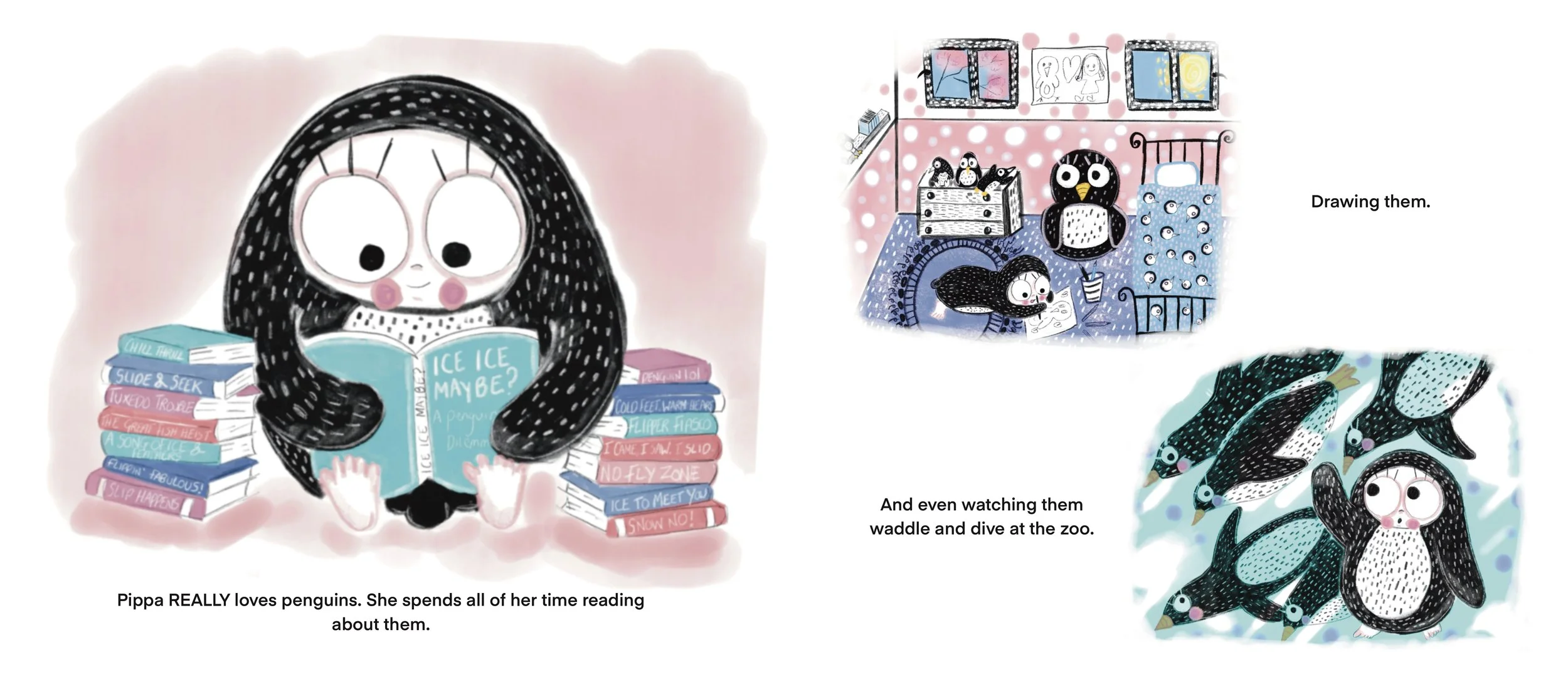 Illustration of a girl with long black hair reading a book about penguins, surrounded by stacks of books and penguin drawings, with additional images depicting her drawing and watching her penguins at the zoo.