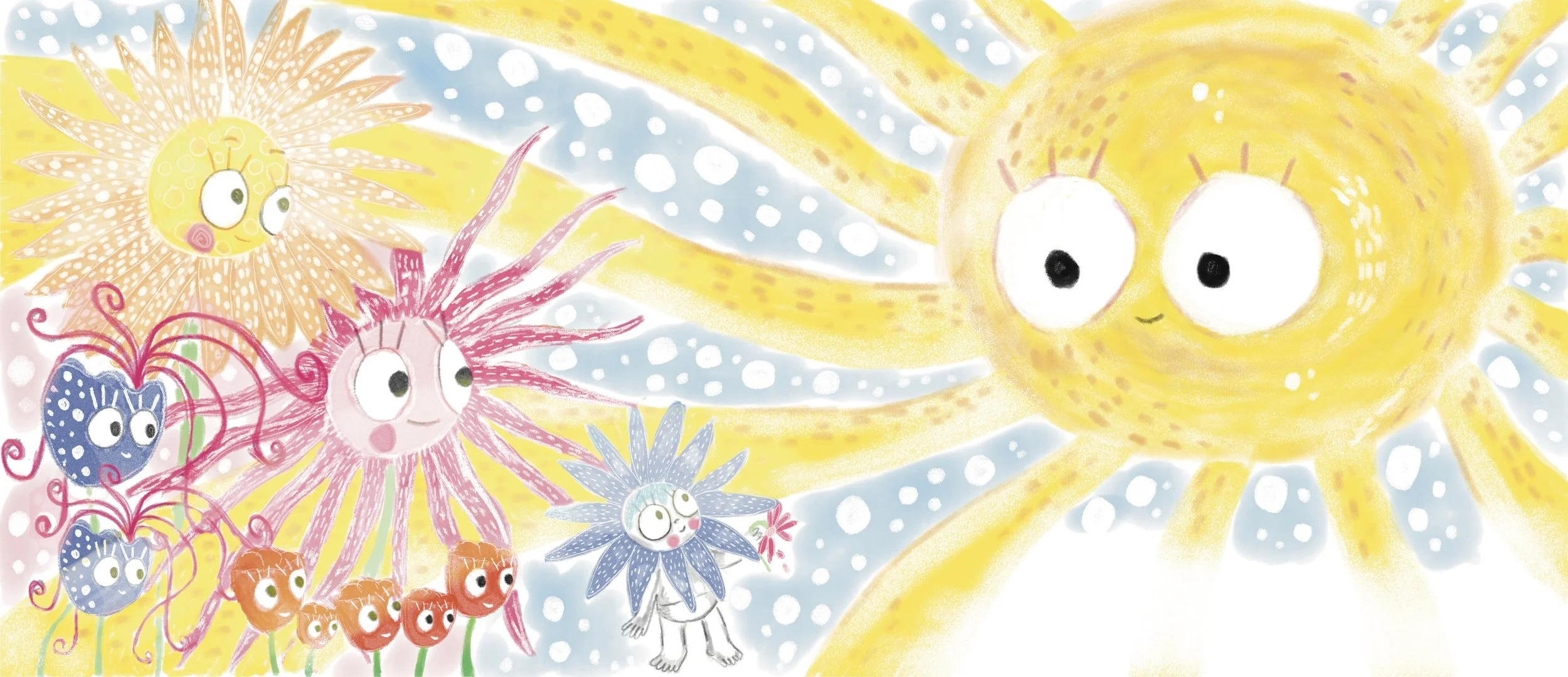 Colorful artwork featuring smiling sun and plant characters with large eyes, set against a light blue background with white dots.