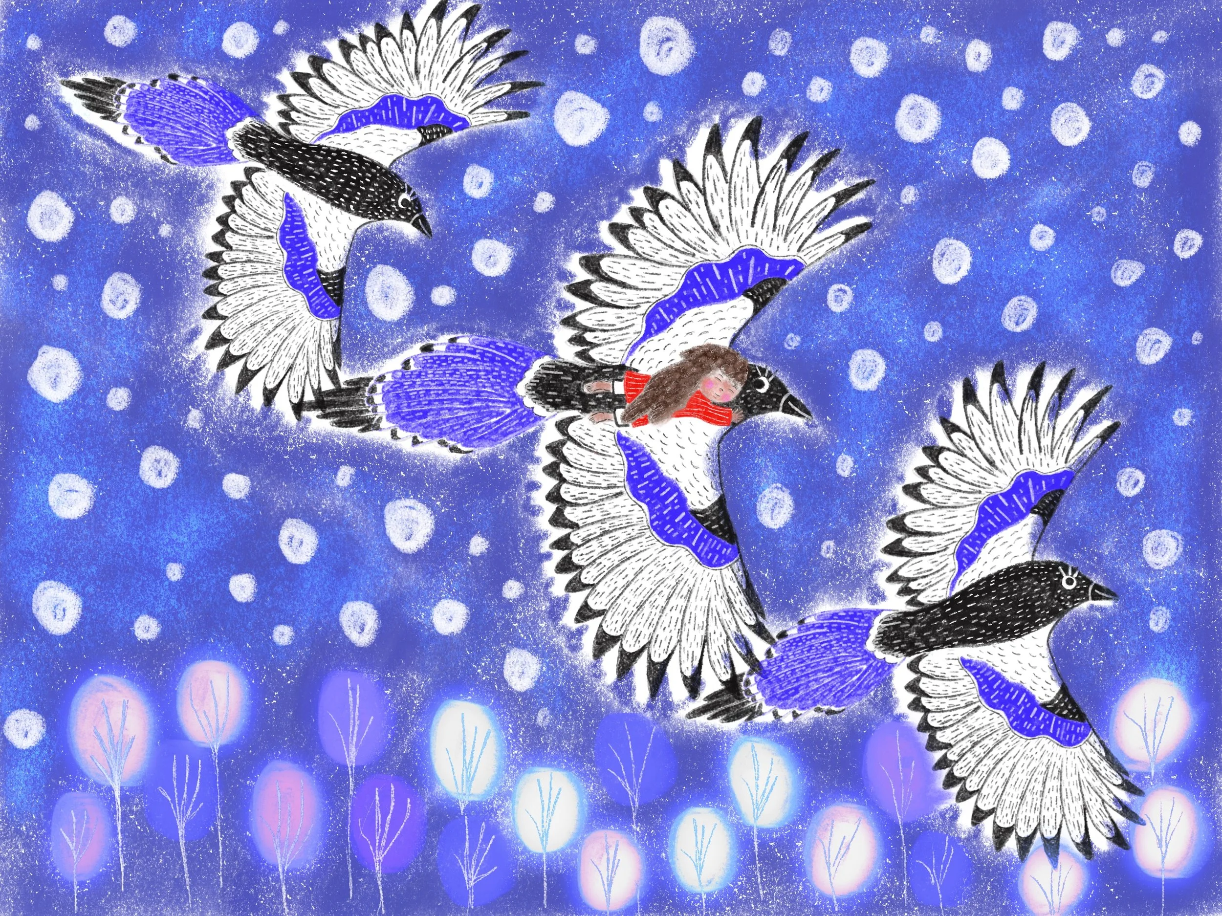 A whimsical illustration of several birds with black and white feathers and blue accents flying against a blue background with white snow-like dots and pink and purple circular shapes.