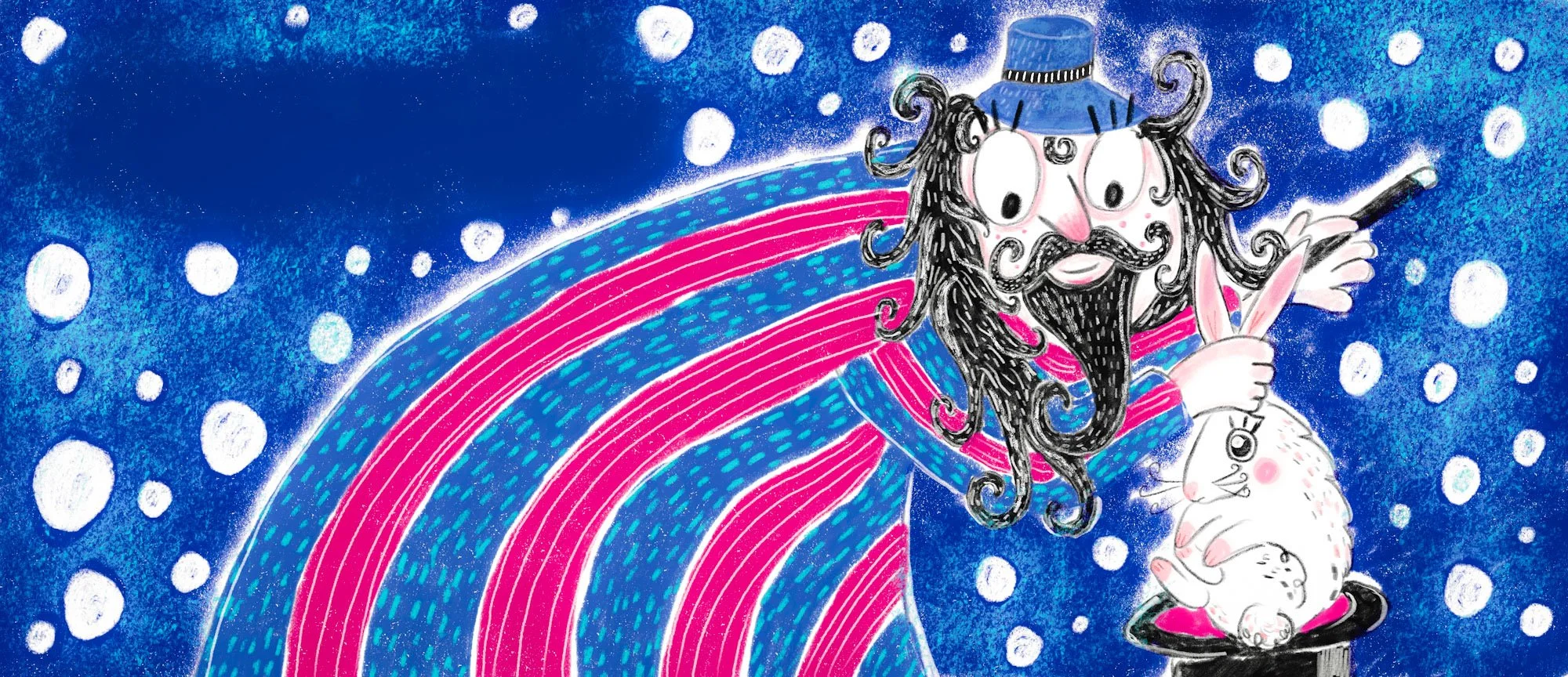 Cartoon illustration of a wizard with long curly black hair, a beard, wearing a blue hat and a rainbow-colored cape, holding a rabbit with a smaller rabbit sitting in a hat, against a starry night sky with snow or snow-like dots.