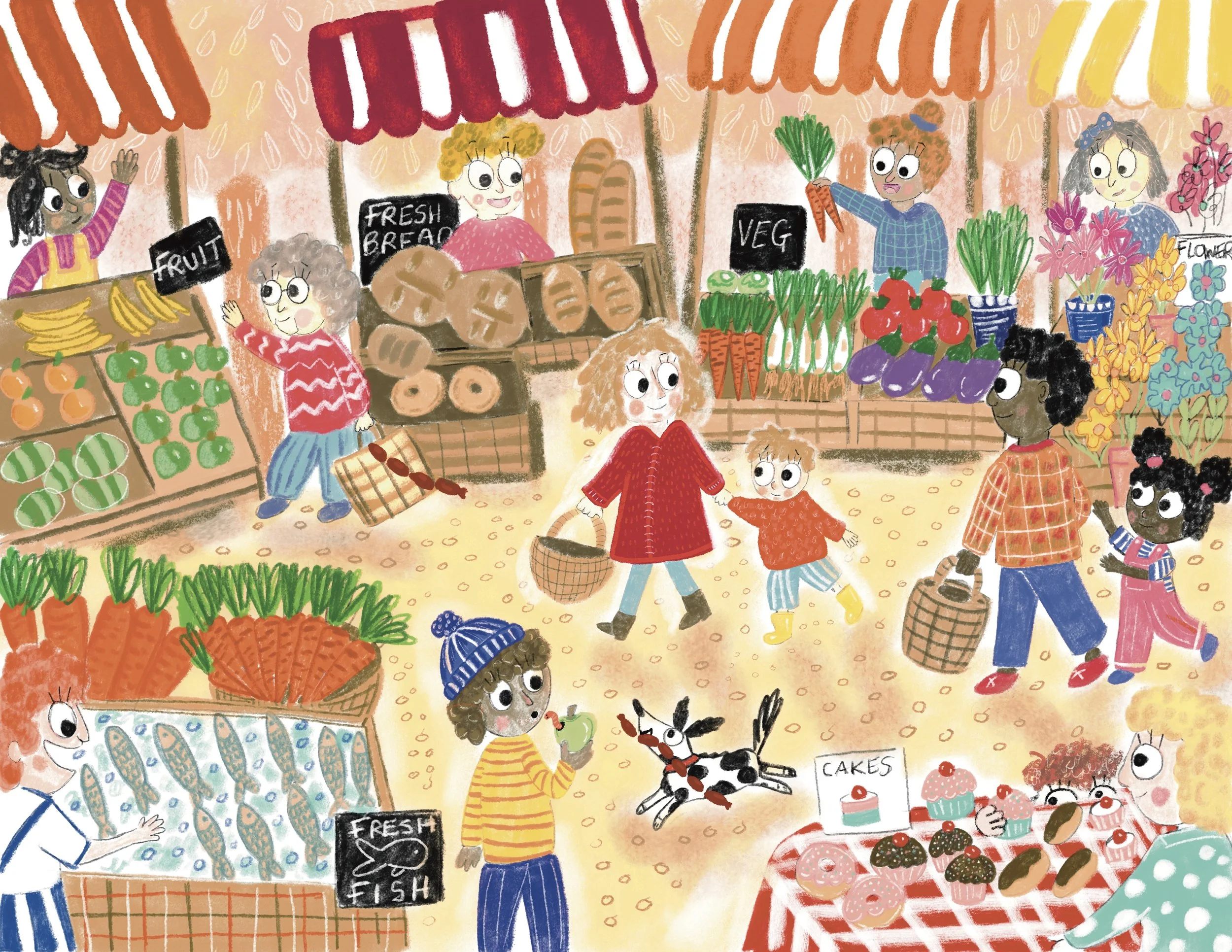 Children browsing a vibrant farmers market with various colorful fruits, vegetables, flowers, and baked goods stalls.