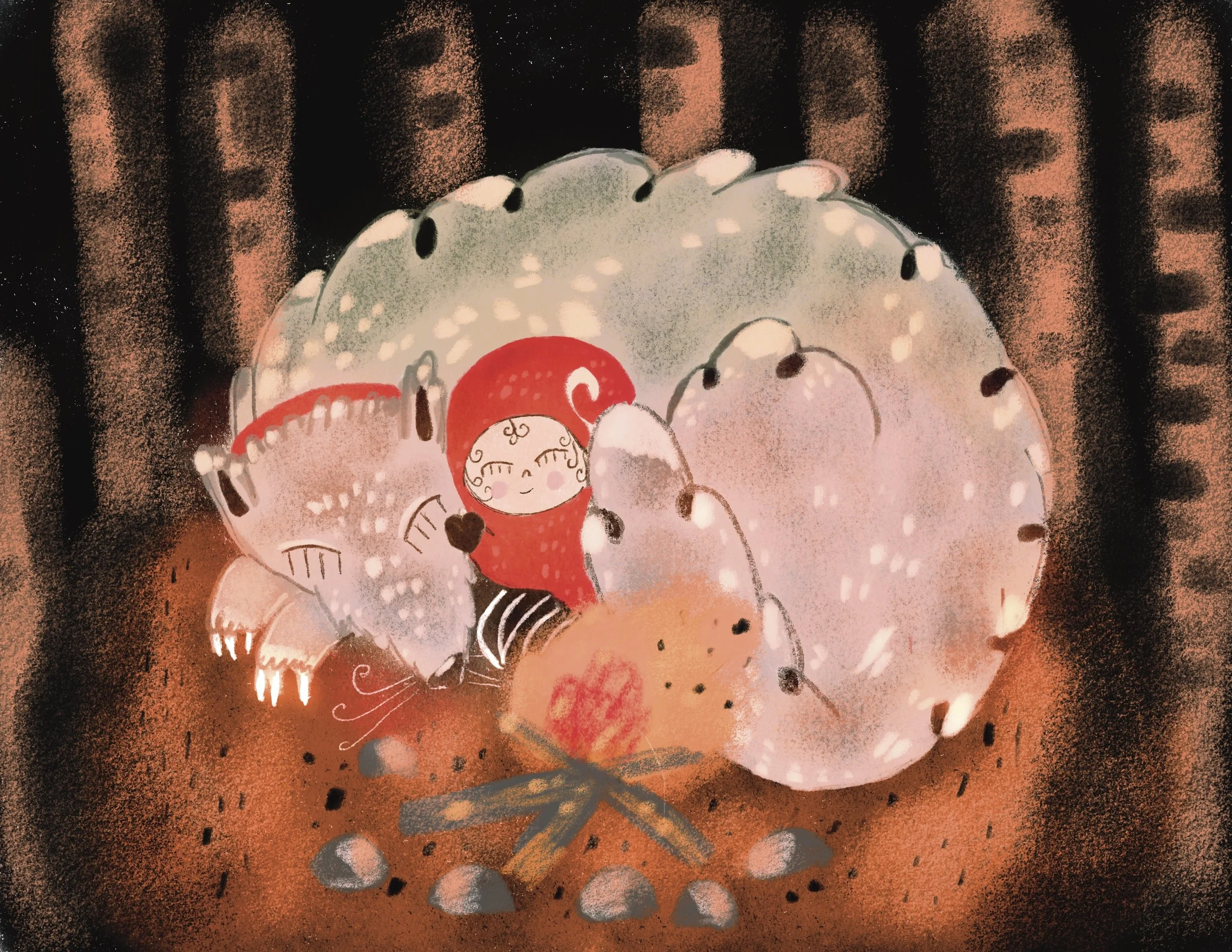 A cartoon-style illustration of a small girl with a red hood, smiling and holding a heart-shaped object, surrounded by what appears to be balloons or bubbles on a warm, earthy background.