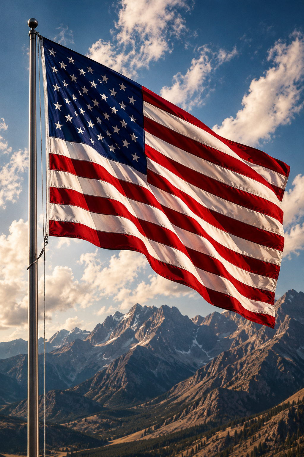 American flag waving against mountain sky — Country pillar of Forged in Glory