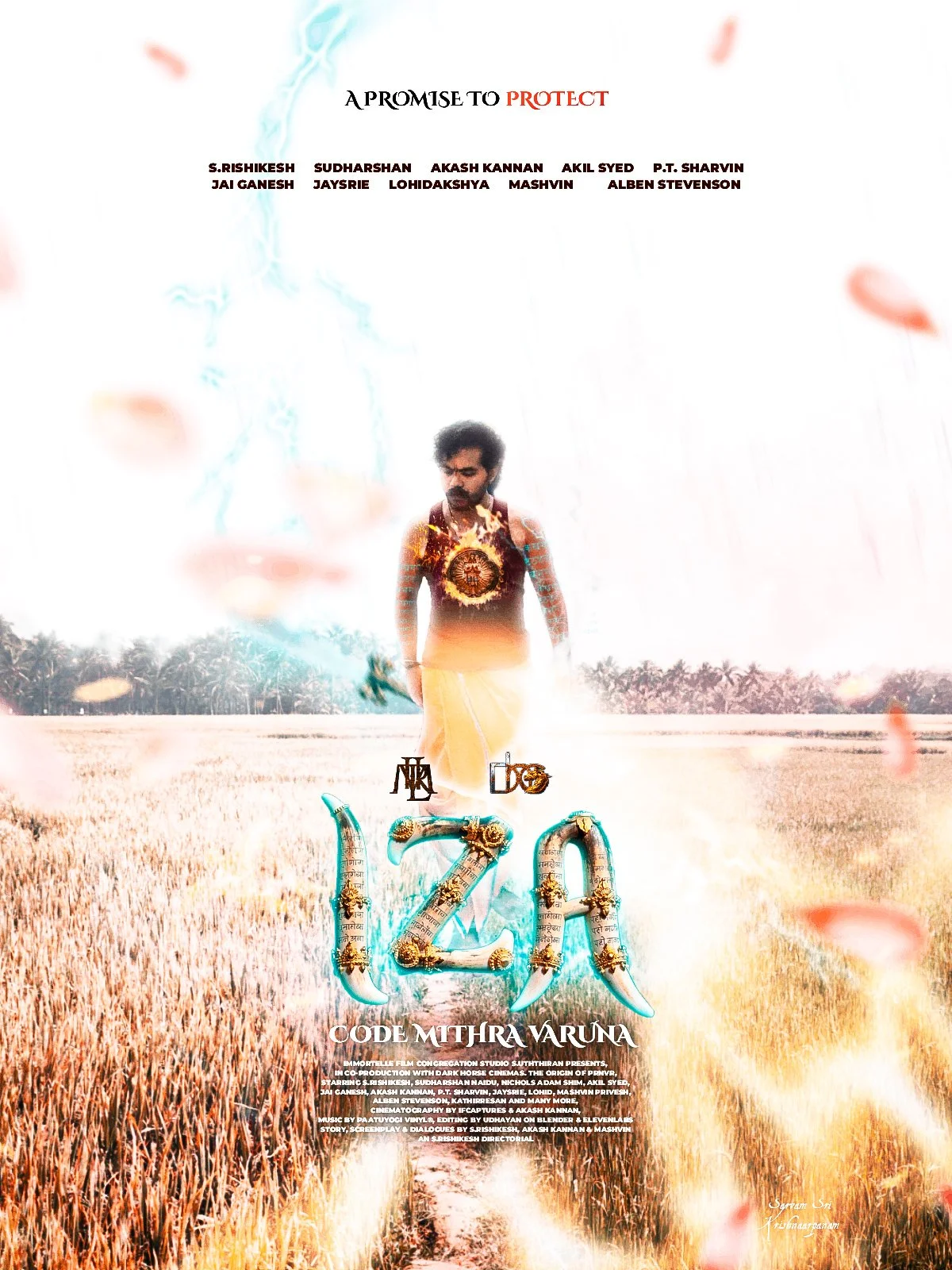Poster for the film 'ZAA' with a man standing in a rice field, dressed in traditional Indian attire, with the title 'ZAA' stylized in large, decorative letters at the bottom and credits in smaller text below.