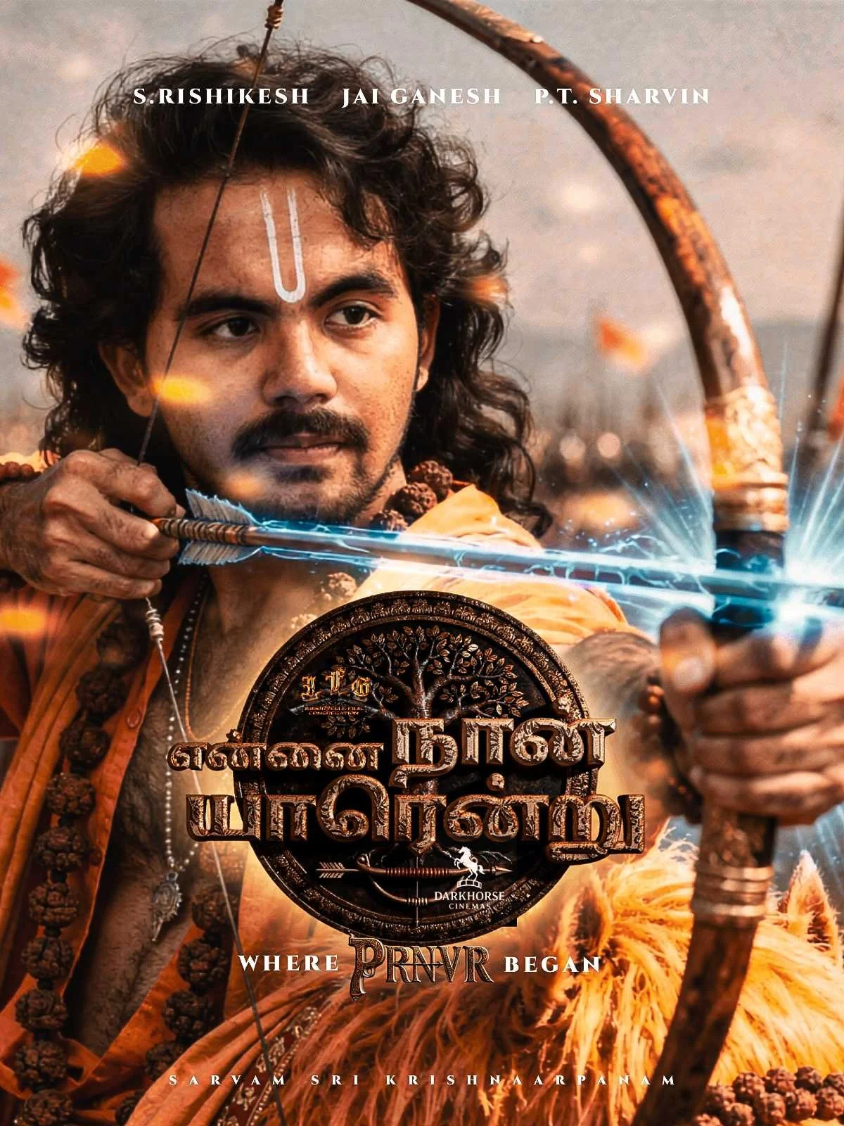 A character from a movie dressed as a warrior, aiming a bow and arrow, with glowing energy effects. The poster features Tamil text and mentions the a collaborator production house Darkhorse Cinema.