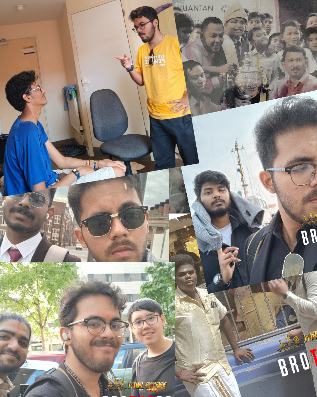 Collage of photos including a young man interviewing a boy in a room, groups of people at events, men in formal and casual settings, and young men smiling outdoors.