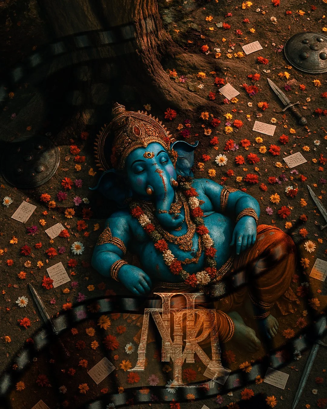 Statue of Lord Ganesha lying on the ground under a tree, decorated with flowers and jewelry, surrounded by scattered flower petals, small notes, and weapons, with a metal shield nearby.