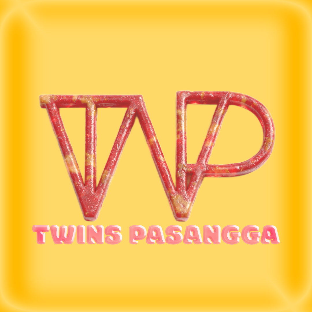 A logo for Twins Pasangga with the letters 'WP' made from pretzel sticks, and the text 'Twins Pasangga' in pink, set against a yellow background.