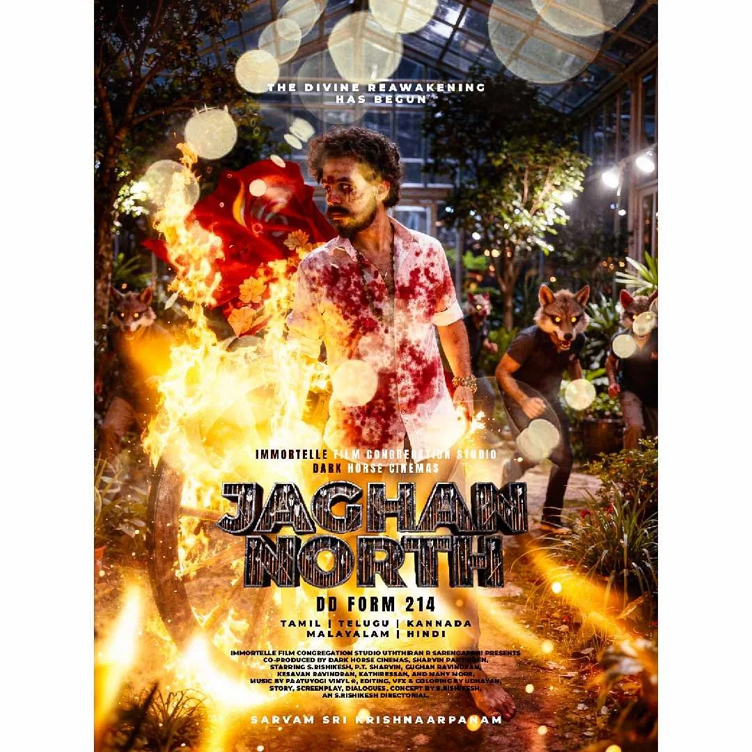 A poster for a film titled "Jagann North" featuring a man with a bloodstained shirt standing among fire and animals with wolf masks, surrounded by plants and lights, with text indicating movie details and credits.