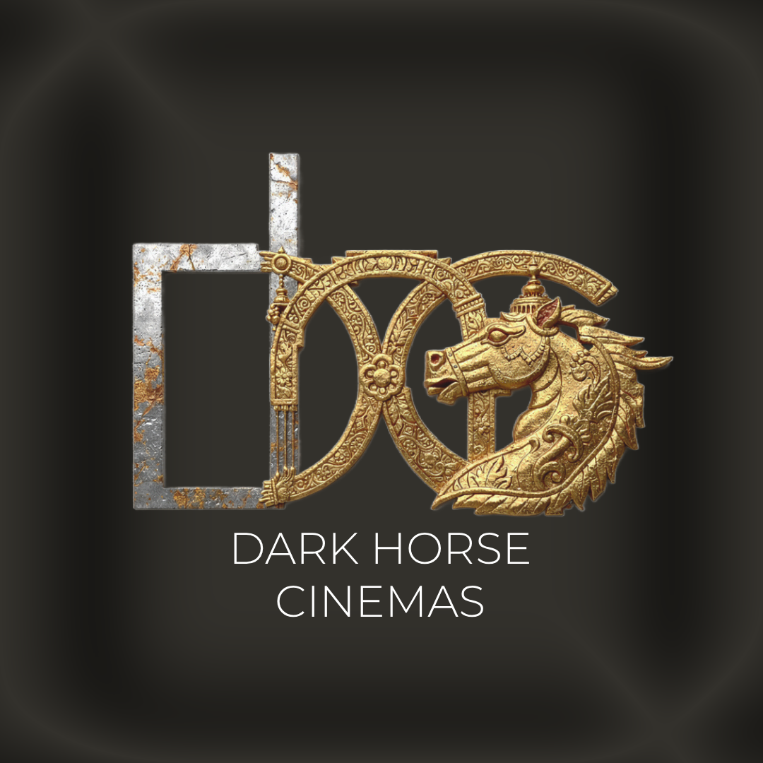 Dark Horse Cinemas logo with stylized metallic letters and a decorative golden horse head.