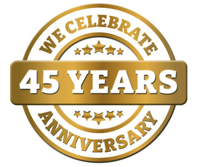 Gold and white circular badge celebrating 45 years anniversary with the words "We Celebrate 45 Years".