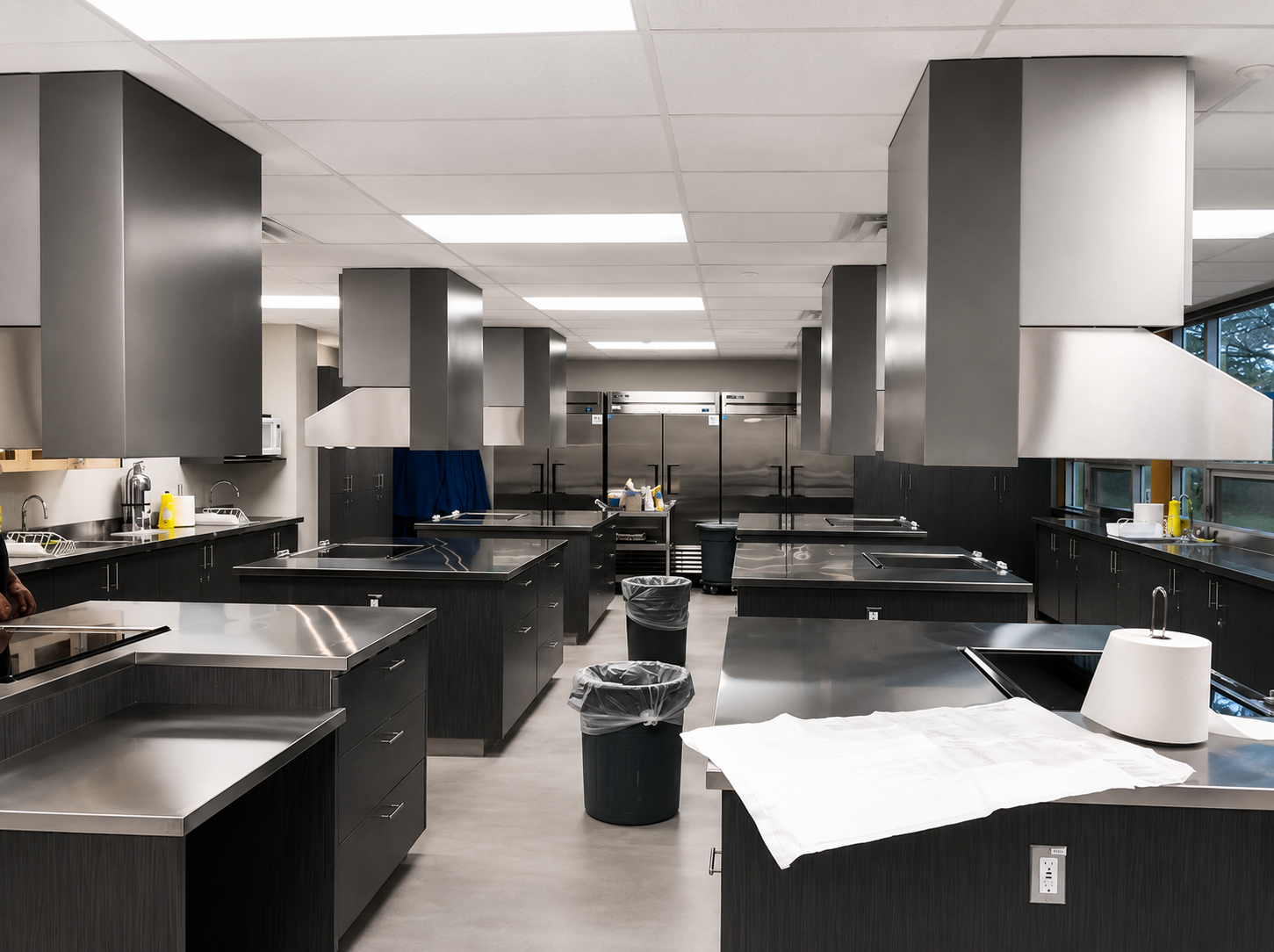 Commercial kitchen with stainless steel counters, black cabinets, and gray ventilation hoods, some trash bins, and large refrigerators.