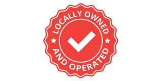 Red circular badge with white checkmark in the center, stating "Locally Owned and Operated"