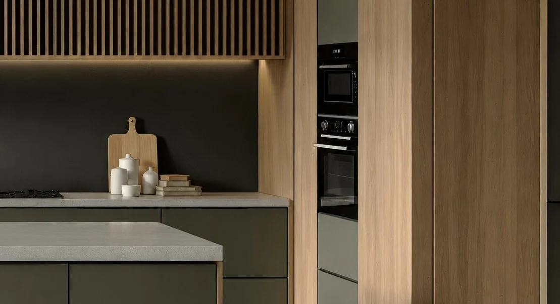 Modern kitchen with built-in oven, microwave, wooden cabinets, and light-colored countertops