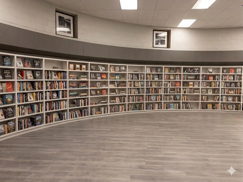 Curved white bookshelf filled with books in a library, with framed black and white photographs on the wall above.