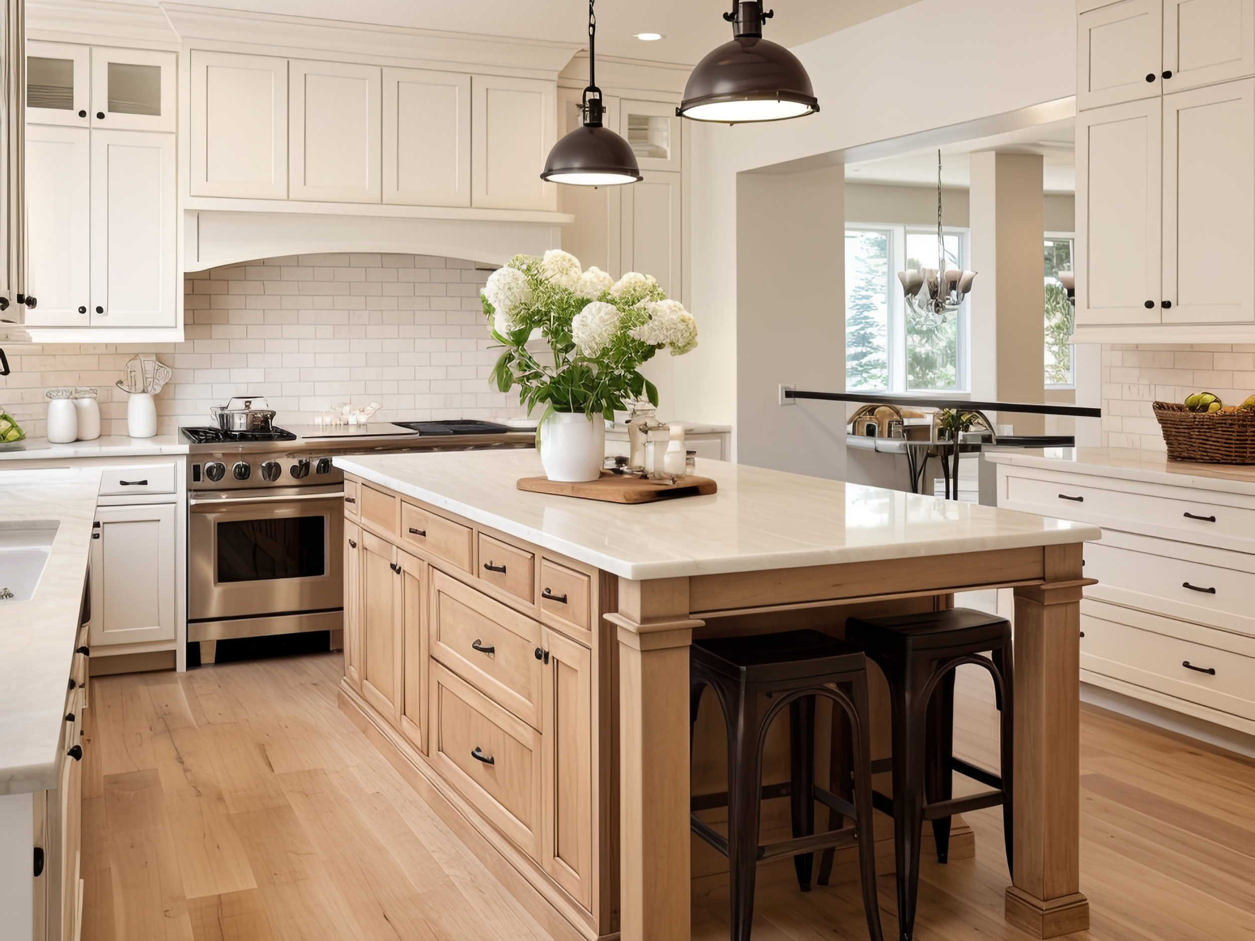 Modern kitchen with white cabinets, beige countertops, a central island with natural wood finish, black pendant lights, a vase with white hydrangeas, and large windows showing trees outside.