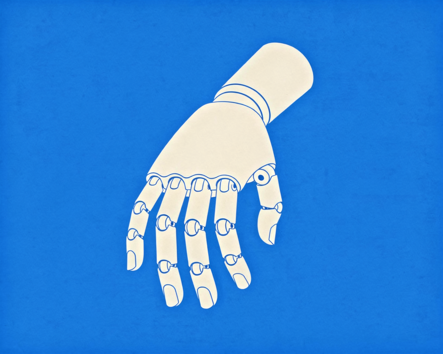 A graphic illustration of a human hand with mechanical joints, set against a blue background.