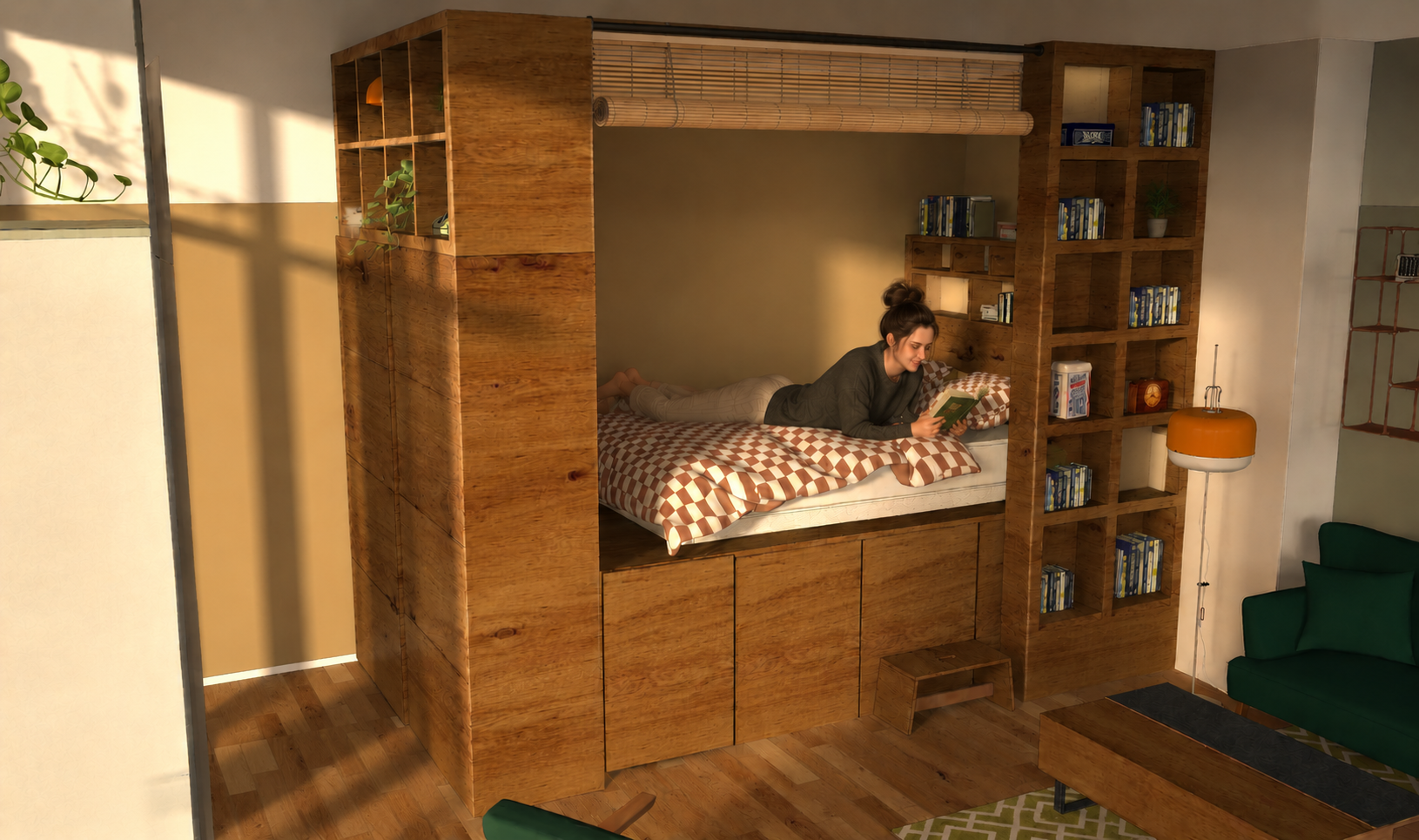 Jeune femme allongée dans un lit en bois, lisant un livre dans un intérieur moderne avec étagères en bois, chaise verte, lampe orange et objets décoratifs.