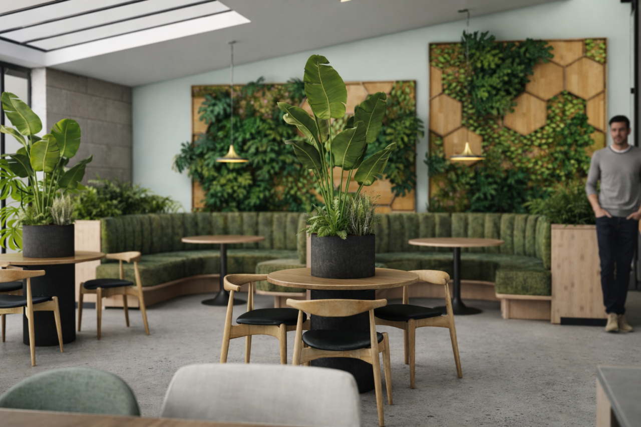 Intérieur d'une salle moderne avec des murs végétaux, un mobilier en bois, un grand canapé en tissu vert, des chaises en bois, et une personne debout à droite.