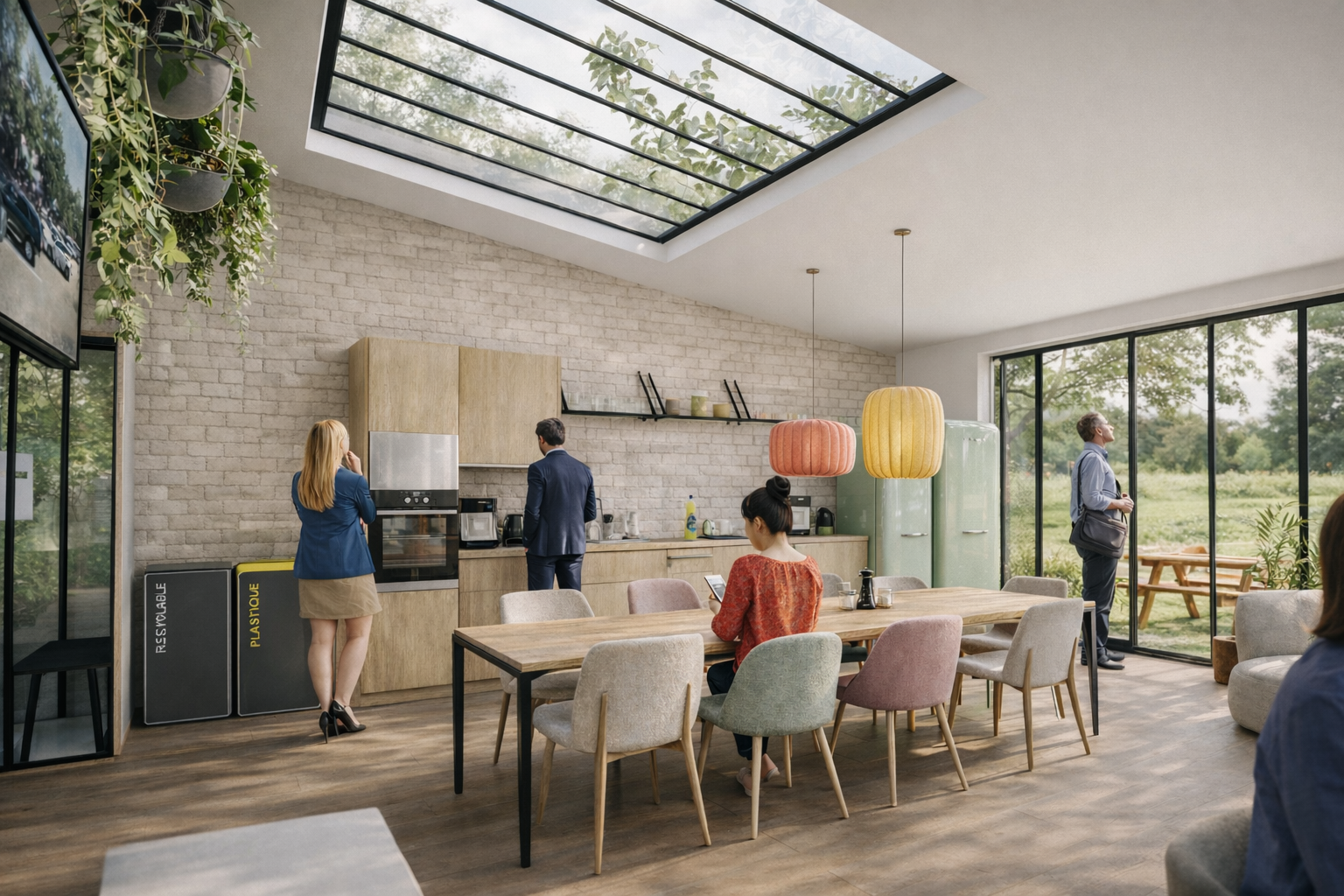 Une salle de pause ou cuisine avec un plafond en verre, mobilier en bois, lampes suspendues colorées, plusieurs personnes assises et debout, vue extérieure avec espace vert.