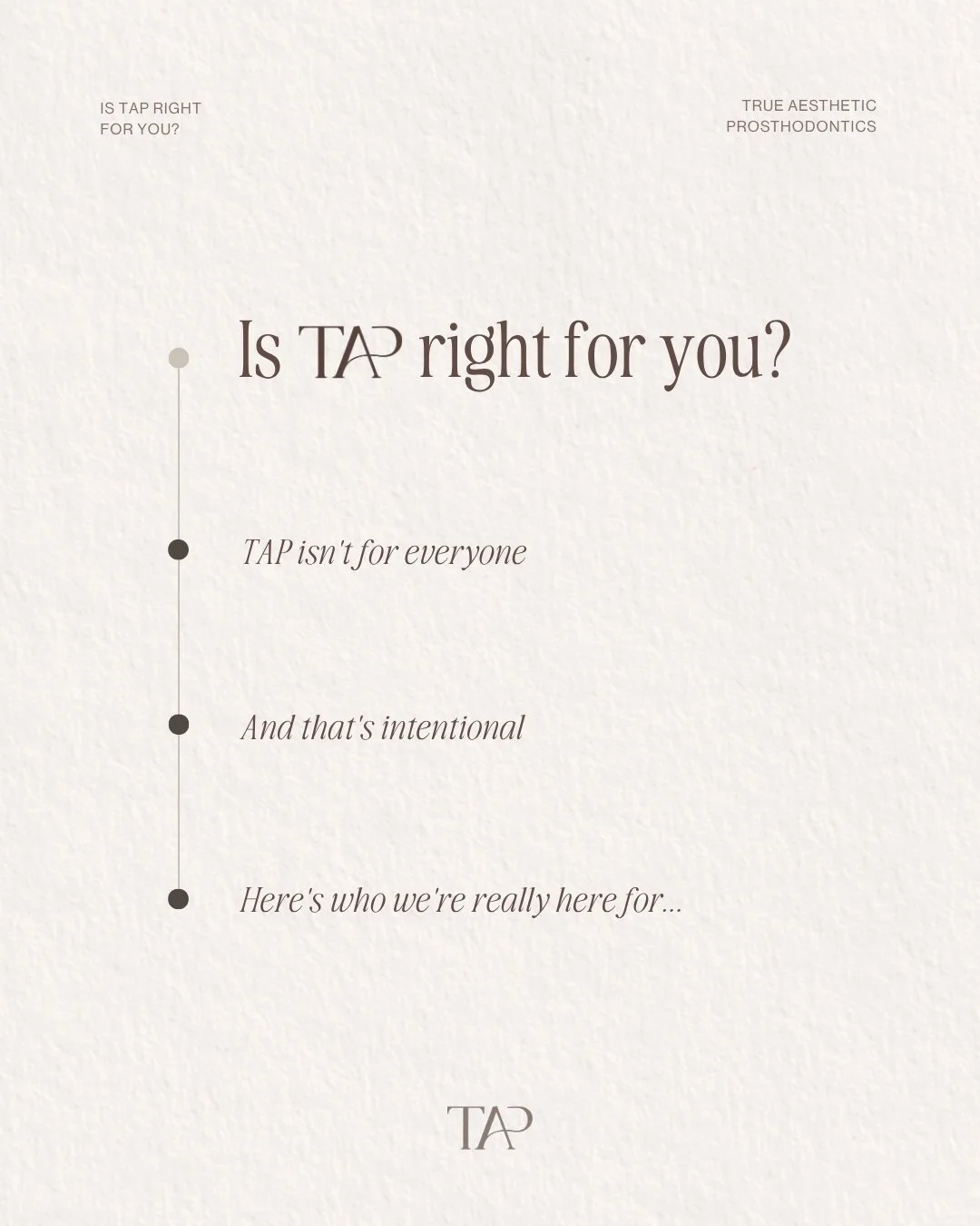TAP isn't a practice that tries to be everything to everyone. We're specialists - and that means we work best with certain kinds of patients.

Specifically: people who are done cycling through treatment that doesn't last 🔄 People dealing with missin