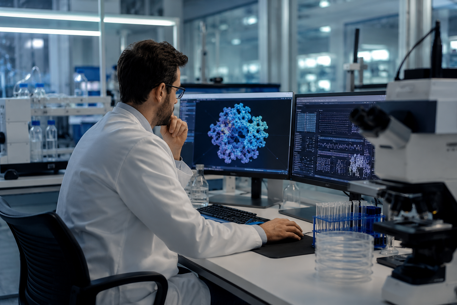 A scientist in a white lab coat working in a laboratory, analyzing molecular structure images on dual computer monitors.