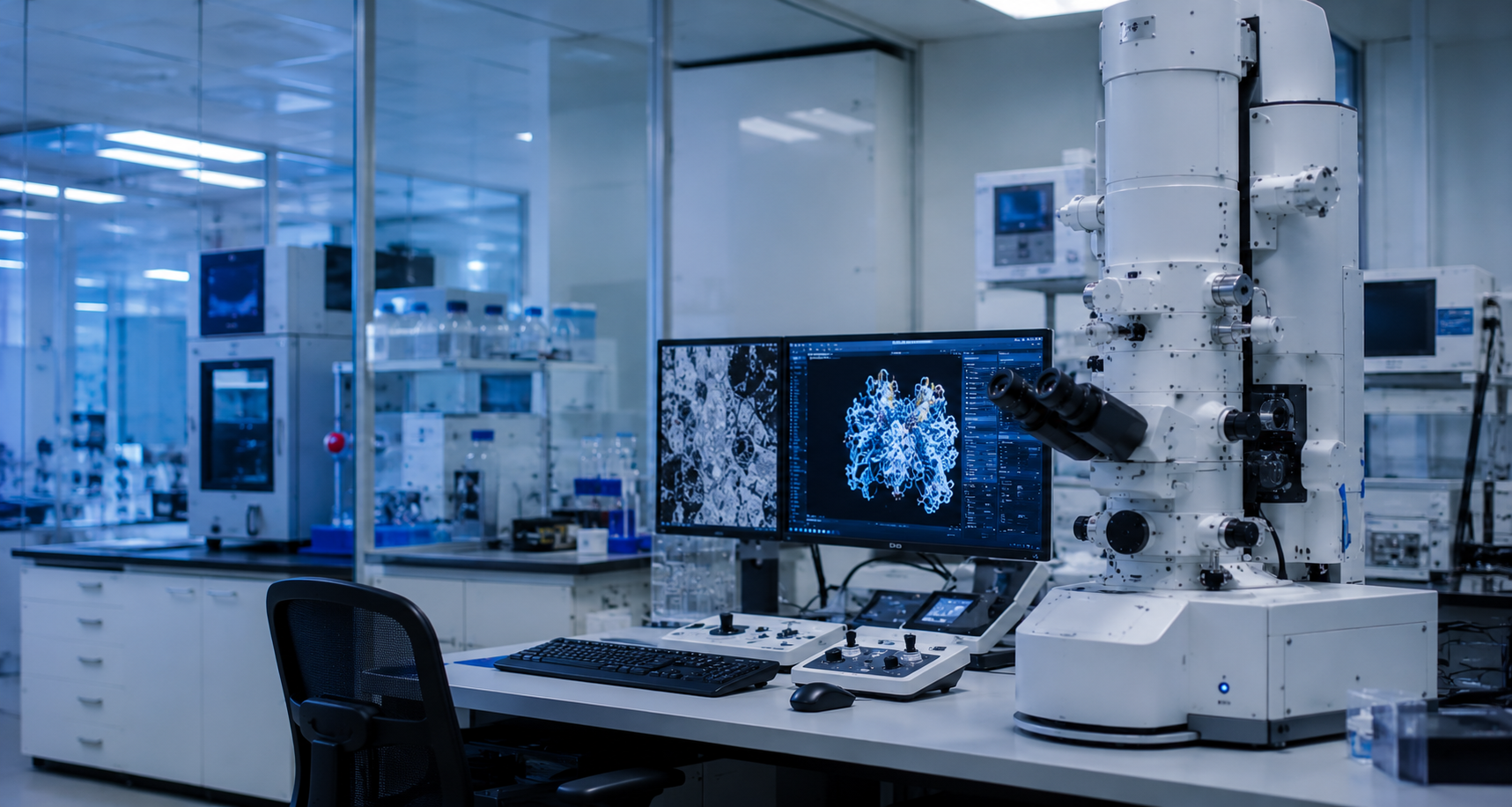 Laboratory with scientific equipment, including a large microscope, computer monitors displaying microscopic images, and lab tools, in a clean, modern setting.