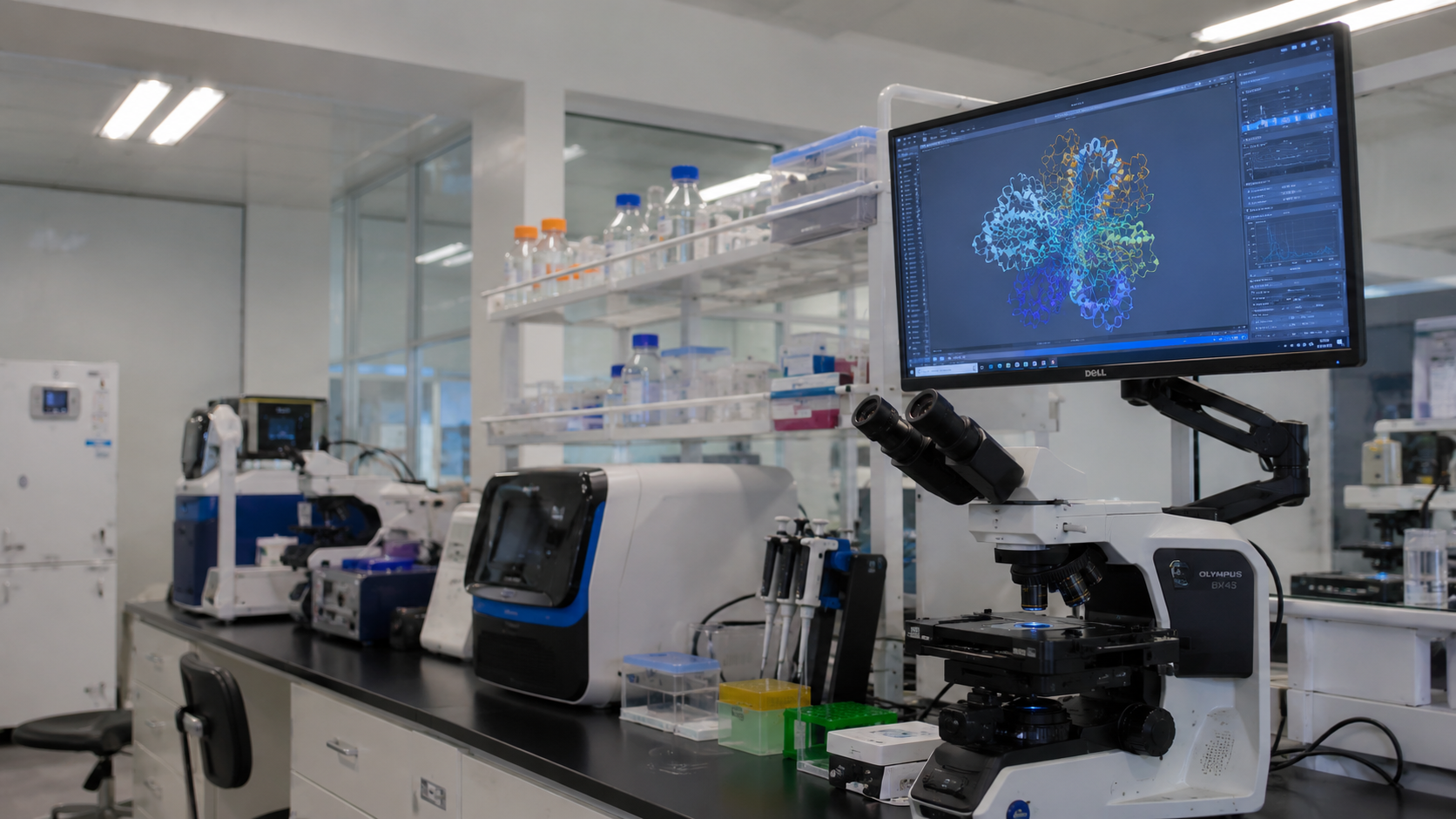 A modern laboratory with microscopes, scientific equipment, and a computer monitor displaying a complex molecular structure.