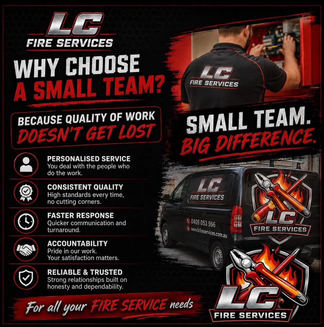 At LC Fire Services, we embrace being a small team.

Why? Because we believe quality doesn&rsquo;t get lost when the people quoting the job are the same people delivering the work.

No handovers. No miscommunication. No cutting corners.

From new fir
