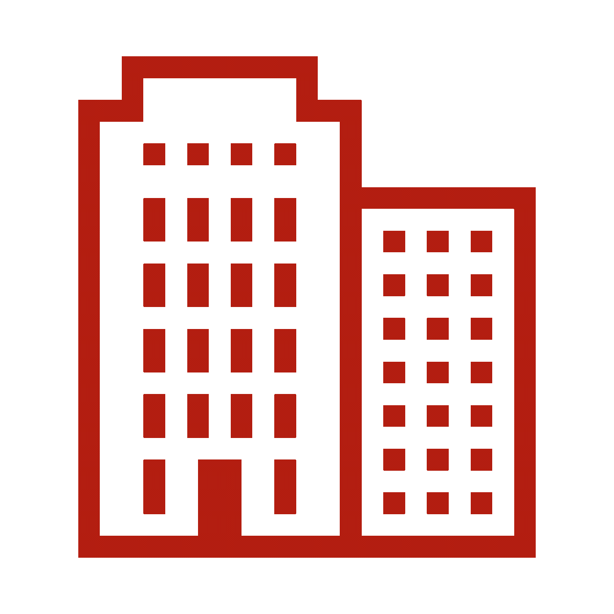 Outline of three buildings, with the central building being taller, set against a red background.