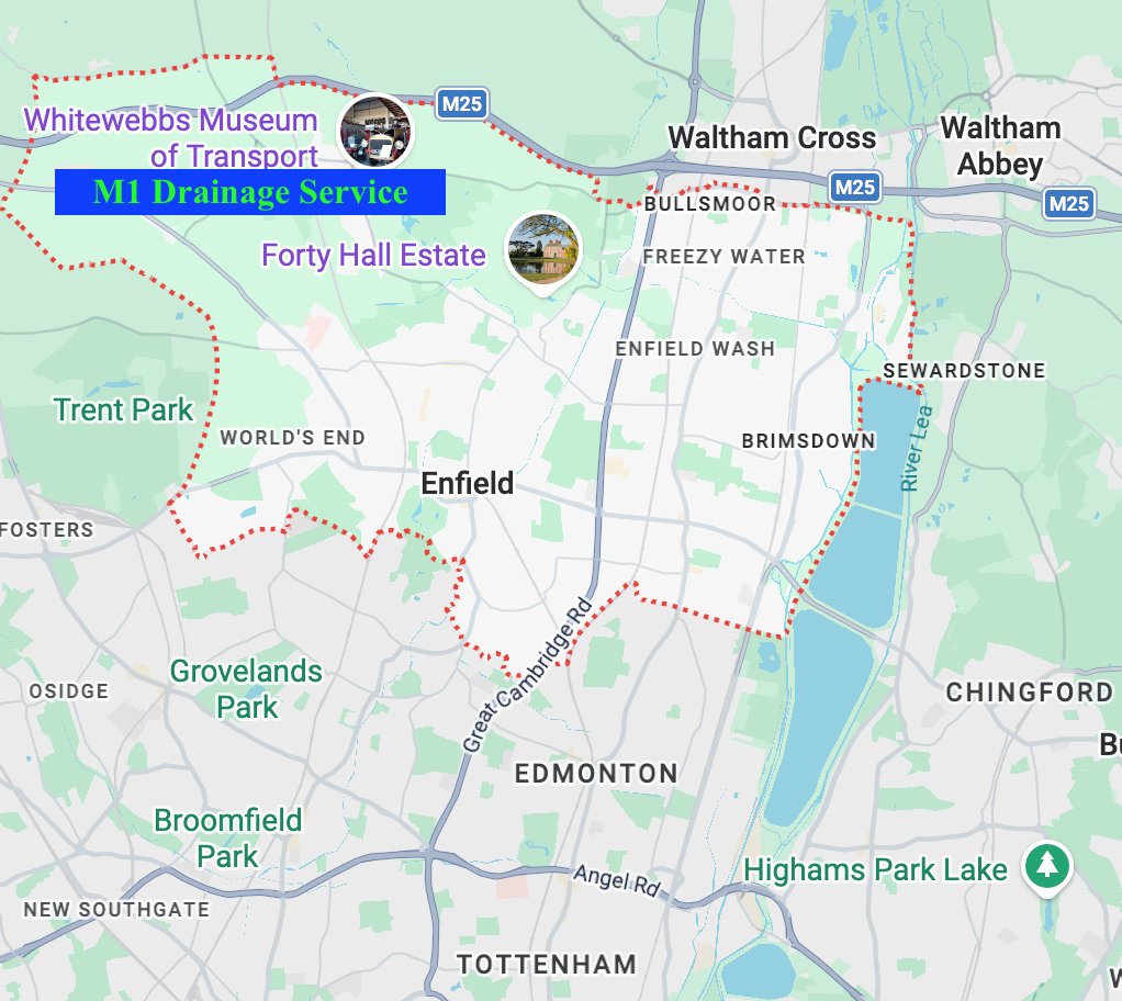 Map of Enfield, UK, showing local landmarks, parks, and transportation routes. Features include Whitewebb Museum of Transport, Forty Hall Estate, Trent Park, Grovelands Park, Broomfield Park, and Highams Park Lake. Highlights include the M1 Drainage Service and the River Lee.