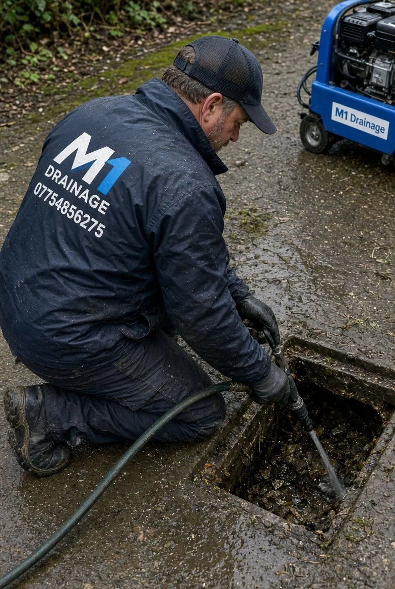 A handyman in a black raincoat and cap, kneeling by a sewer drain, using a hose connected to a blue drainage machine to clear the blockage.