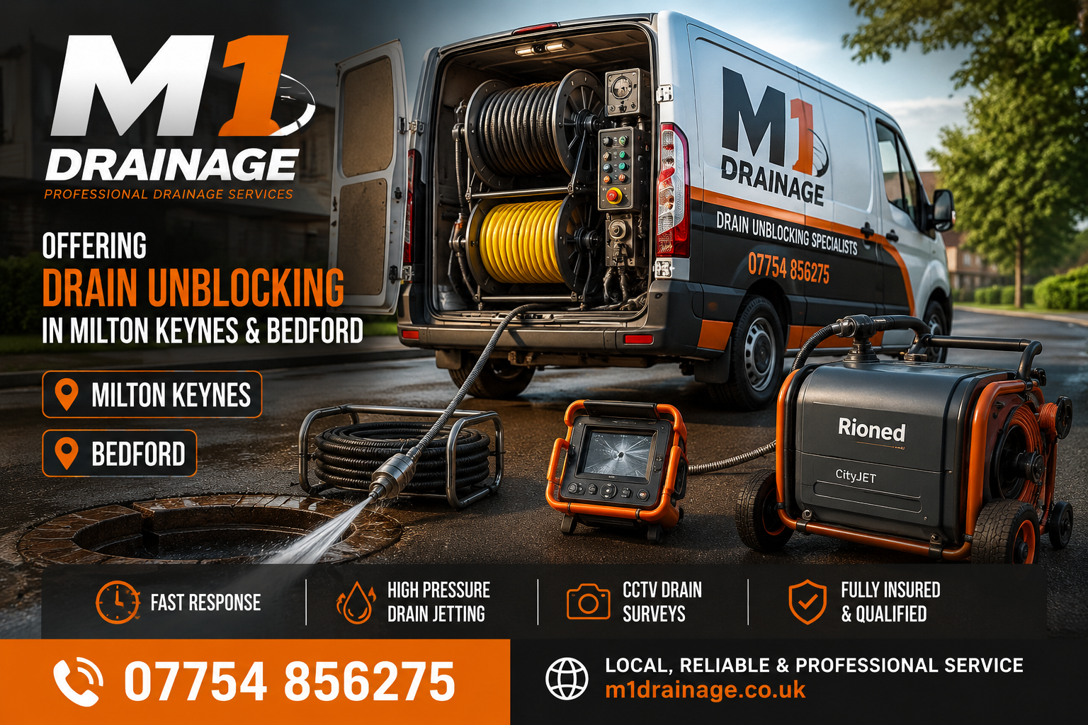 A drainage service van parked on a street with open rear doors showing drainage equipment inside, including hoses, high-pressure drain jetting machine, and CCTV drain survey camera, with promotional text overlay offering drain unblocking services in Milton Keynes and Bedford.