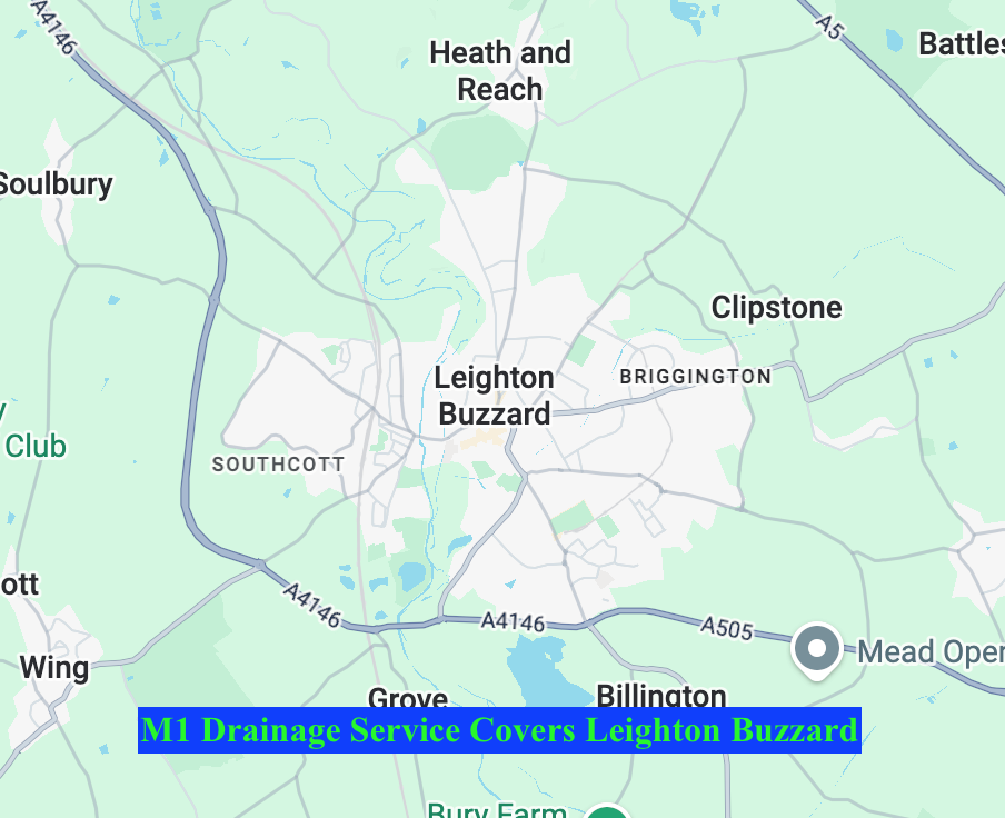 Map showing Leighton Buzzard and surrounding areas in England, highlighting the M1 Drainage Service coverage over Leighton Buzzard.