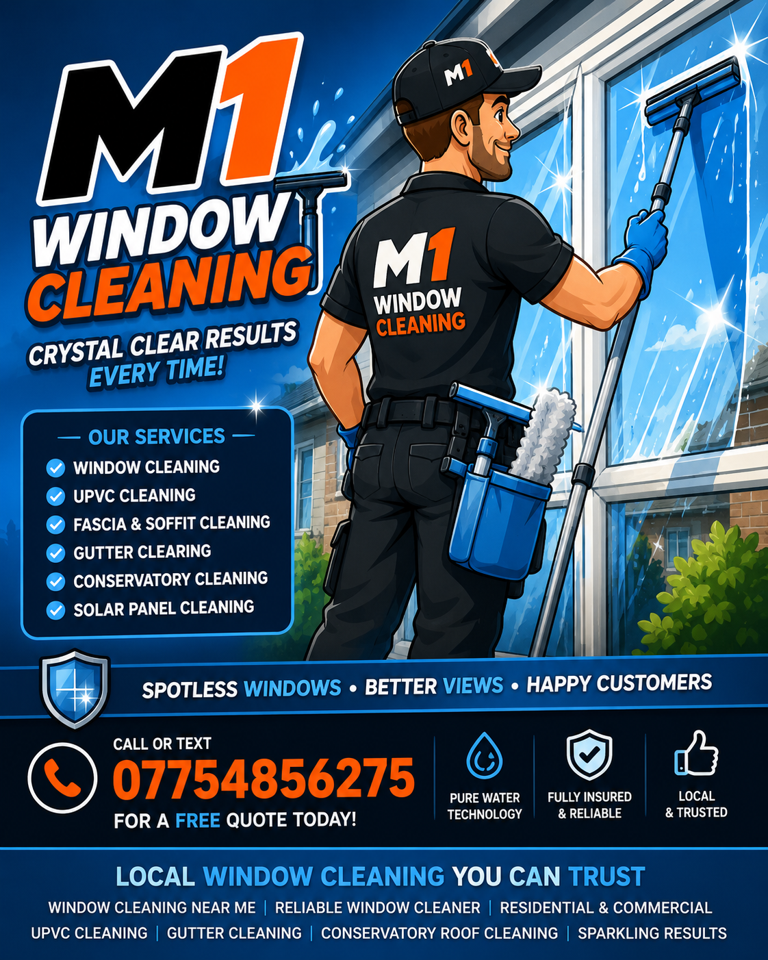 Illustration of a window cleaner using a squeegee on a window, with a bucket and cleaning tools attached to his belt. Text advertises M1 Window Cleaning services, including window, UPVC, fascia, soffit, gutter, conservatory, and solar panel cleaning. The ad highlights benefits such as spotless windows, better views, and happy customers, and provides a contact phone number and details about the company's reliability and insured status.
