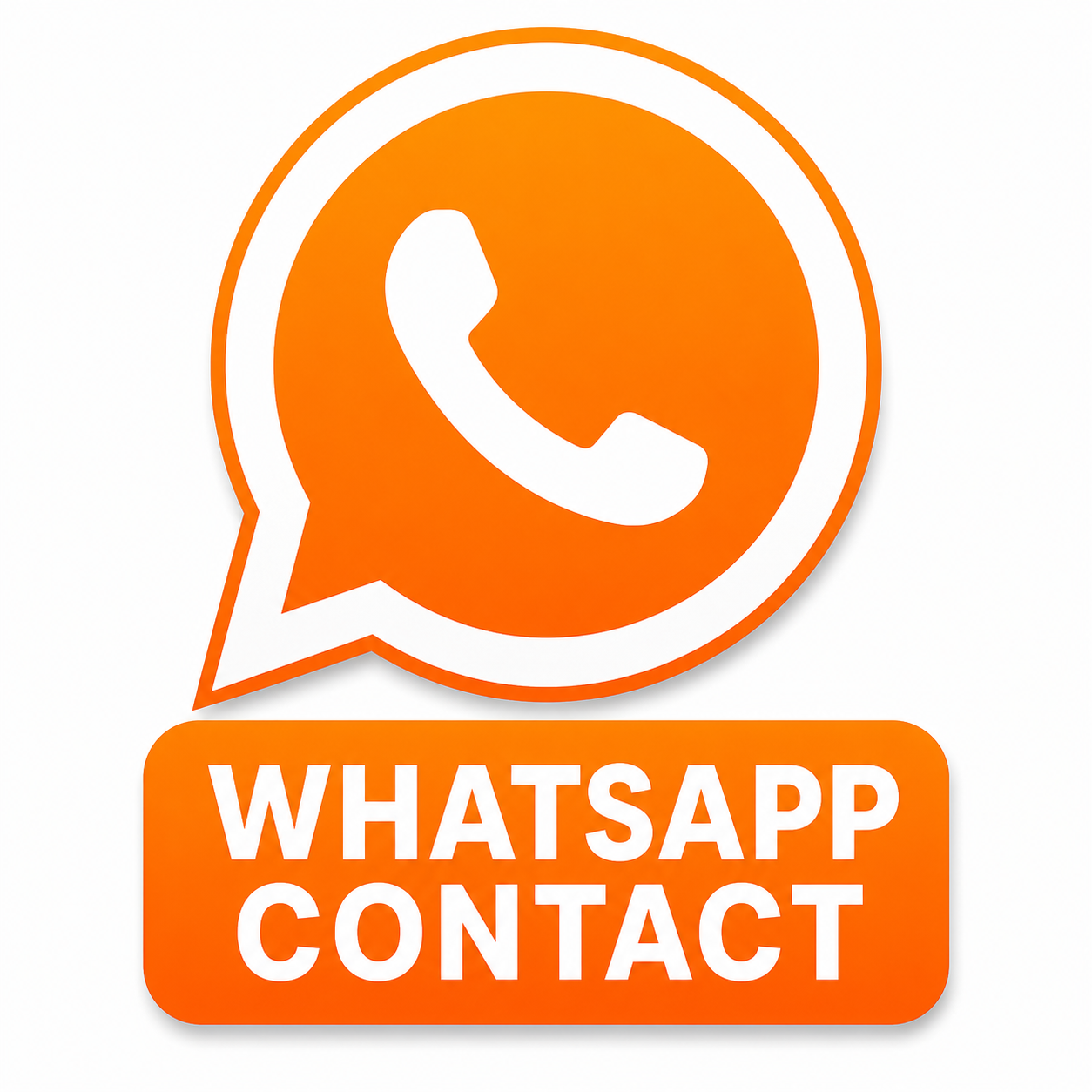 WhatsApp icon with a white speech bubble containing a white telephone receiver, orange background, and the words 'WhatsApp Contact' in white text on an orange rounded rectangle.