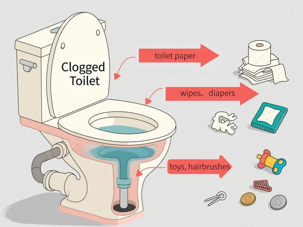 Diagram of a clogged toilet with arrows pointing to items that should not be disposed of in the toilet, including toilet paper, wipes, diapers, toys, hairbrushes, and small coins.