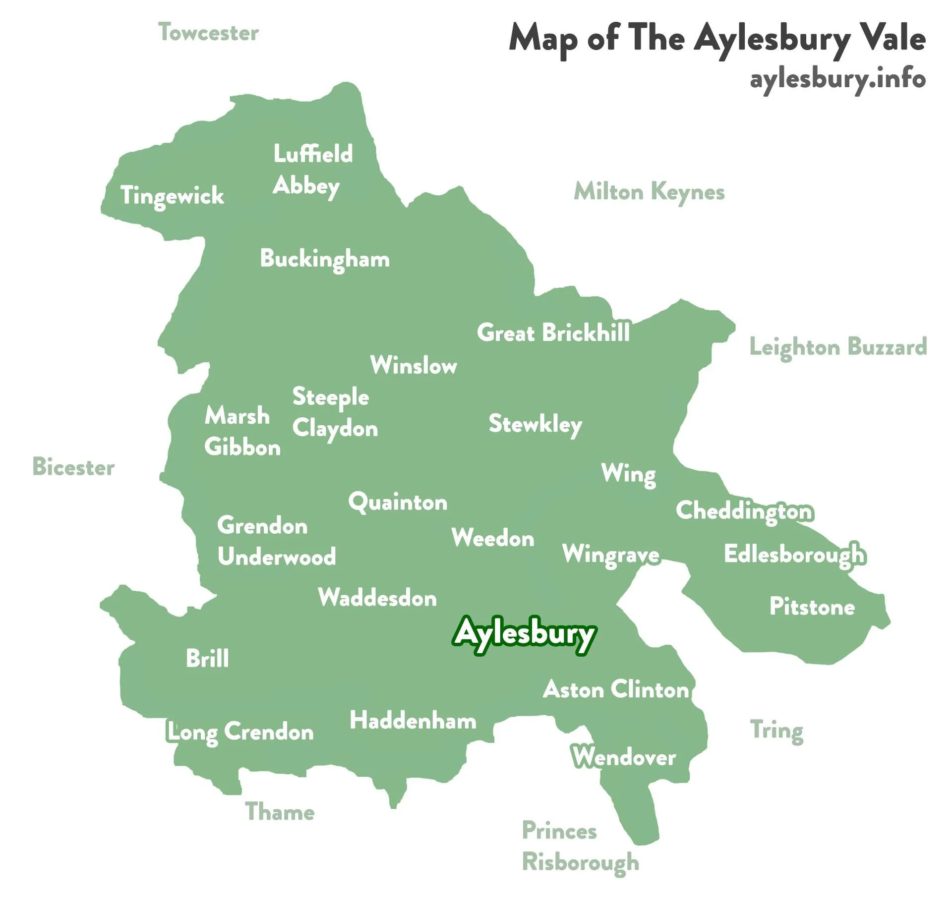 A map of the Aylesbury Vale area showing towns such as Aylesbury, Wing, Waddesdon, and others. The map includes labels for towns and surrounding areas with a color gradient from light to dark green.