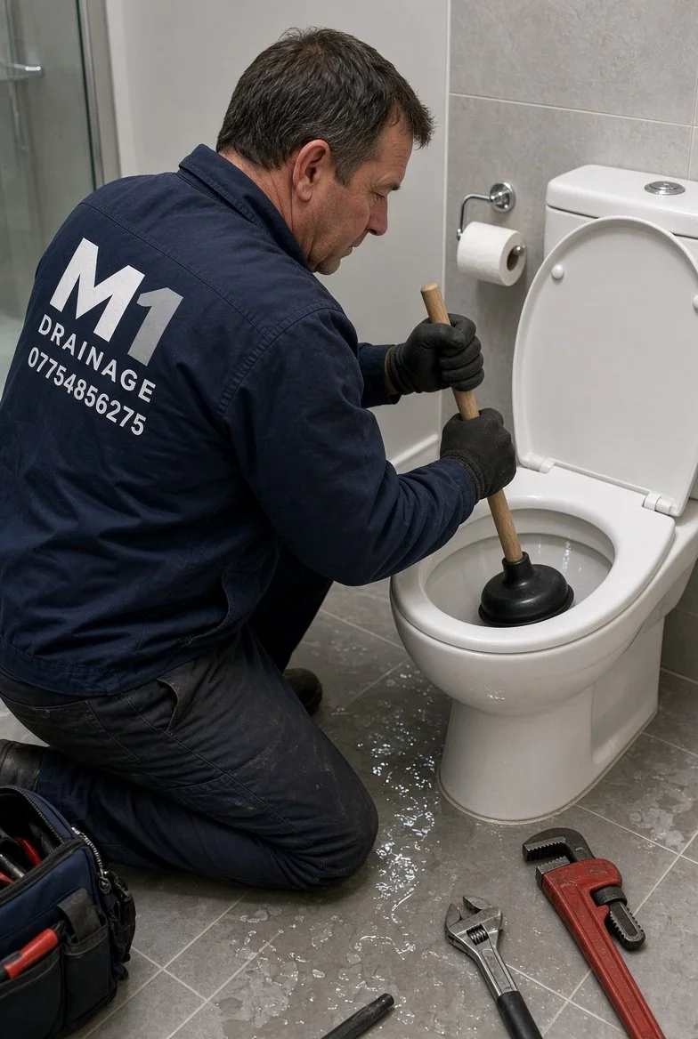 A plumber kneeling in front of a toilet, using a plunger to clear a clog in the toilet bowl. The plumber is wearing a navy blue jacket with the text 'M1 Drainage' and a phone number on the back. Tools and a tool bag are nearby on the floor.