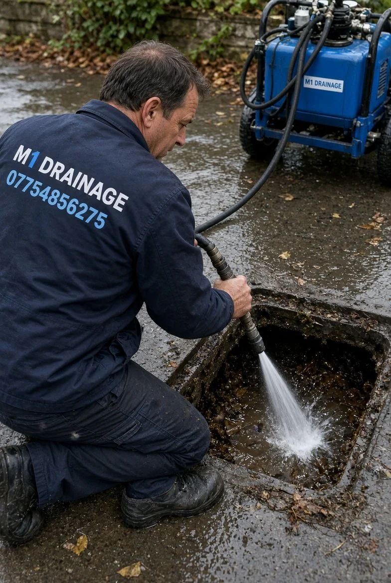 A man wearing a dark blue jacket with 'M1 Drainage' and a phone number on the back is kneeling next to a street drain, using a hose to clean or clear the drain. A blue drainage machine is nearby.