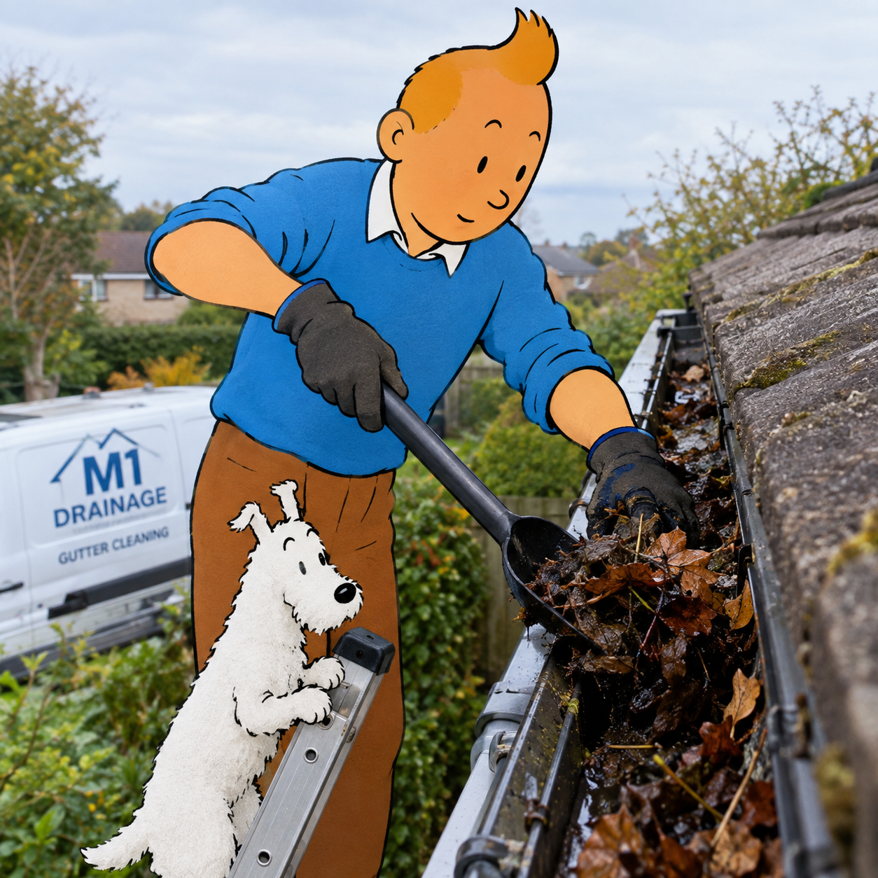 Drawing of a cartoon boy with blond hair wearing a blue sweater and black gloves cleaning leaves from a gutter, with a cartoon dog looking up at him, in a residential yard with a tree and a company van in the background.