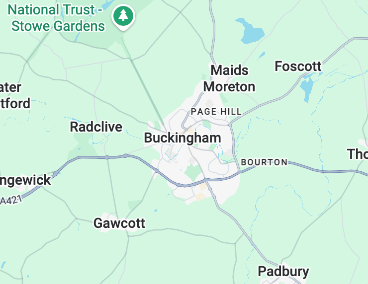 Map showing the town of Buckingham and surrounding areas in England, including Radcliffe, Gawcott, Padbury, and Foscott.